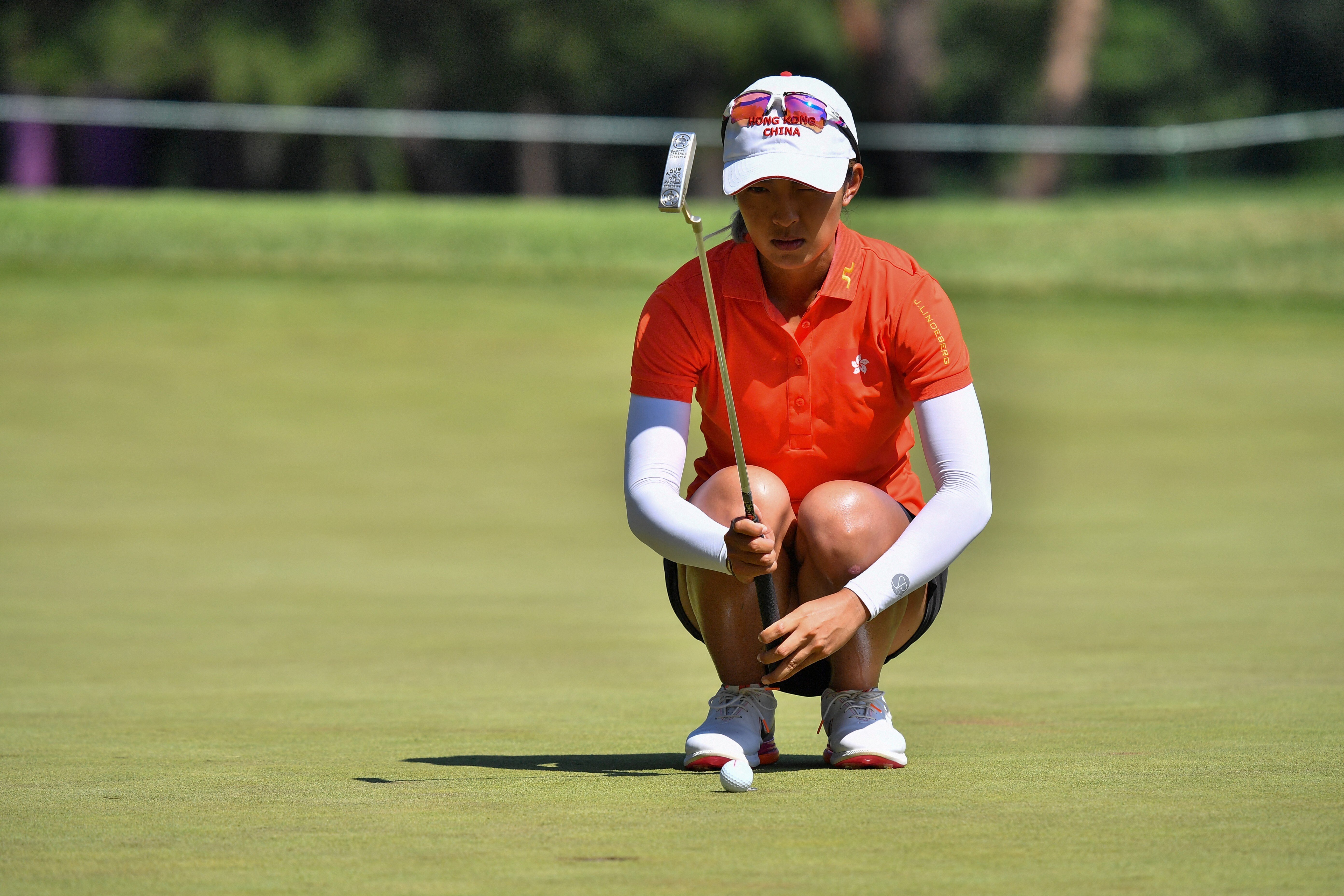 Hong Kong’s Tiffany Chan Tsz-ching line sup a putt during round two of the women’s individual at the Tokyo 2020 Olympic Games at the Kasumigaseki Country Club in Kawagoe. Photo: AFP