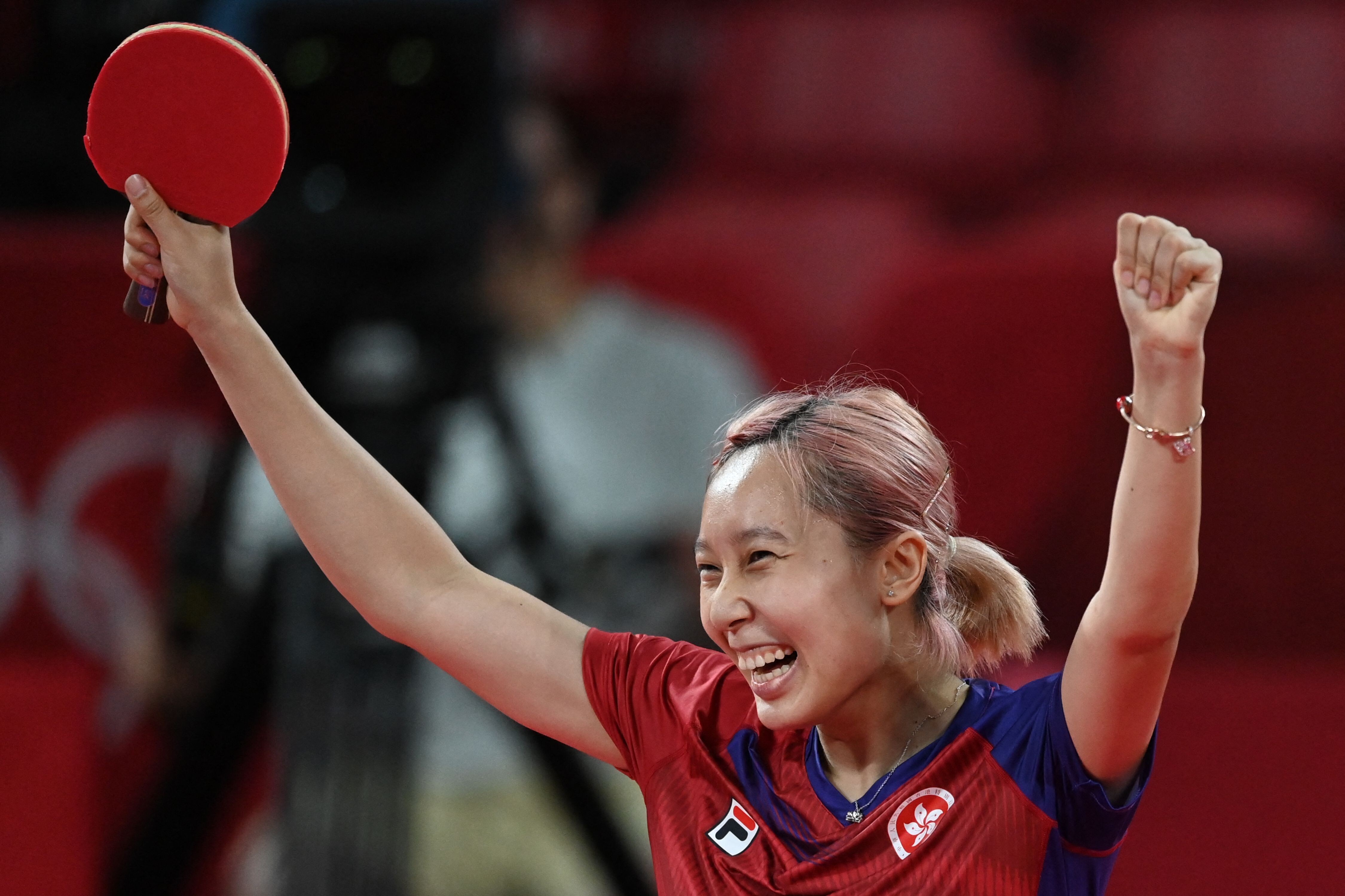 Hong Kong’s Minnie Soo Wai-yam celebrates after defeating Germany’s Shan Xiaona to secure the women’s team table tennis bronze medal at the Tokyo 2020 Olympics. Photo: AFP