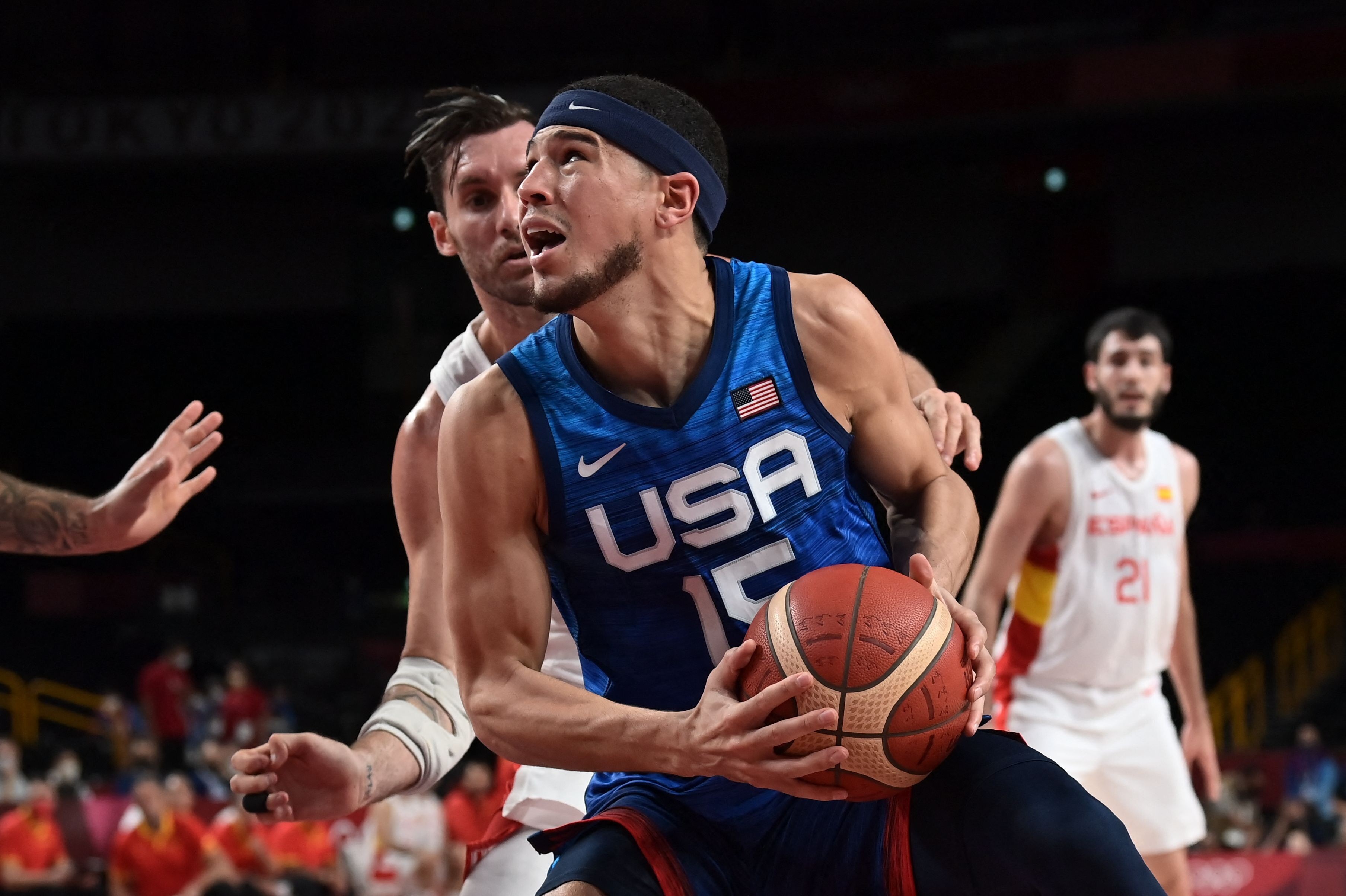 Devin Booker in action against Spain in their Olympic quarter-final contest. Photo: AFP