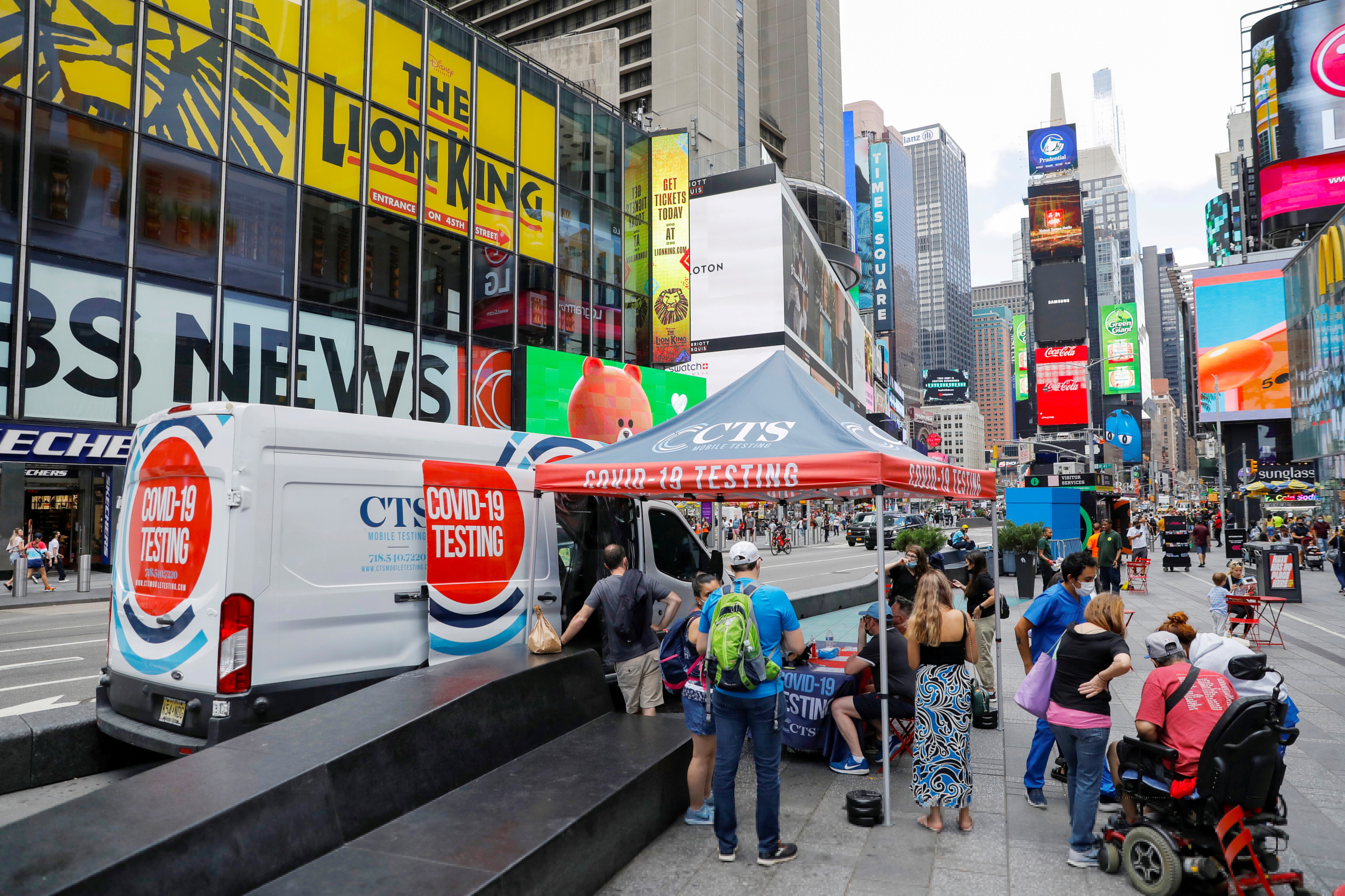 A pop-up testing site in Times Square in New York as cases continue to surge in the US. Photo: Reuters