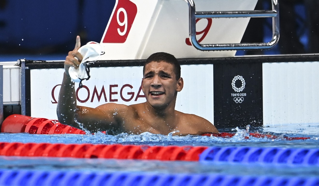 Tunisia’s Ahmed Hafnaoui surprises himself after winning the men’s 400m freestyle final. Photo: Xinhua