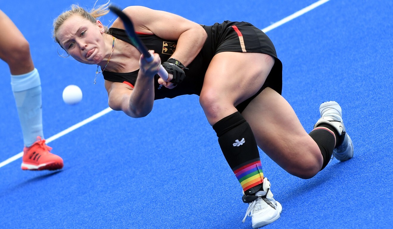 Germany's hockey captain Nike Lorenz wears a rainbow band over her sock. Photo: DPA