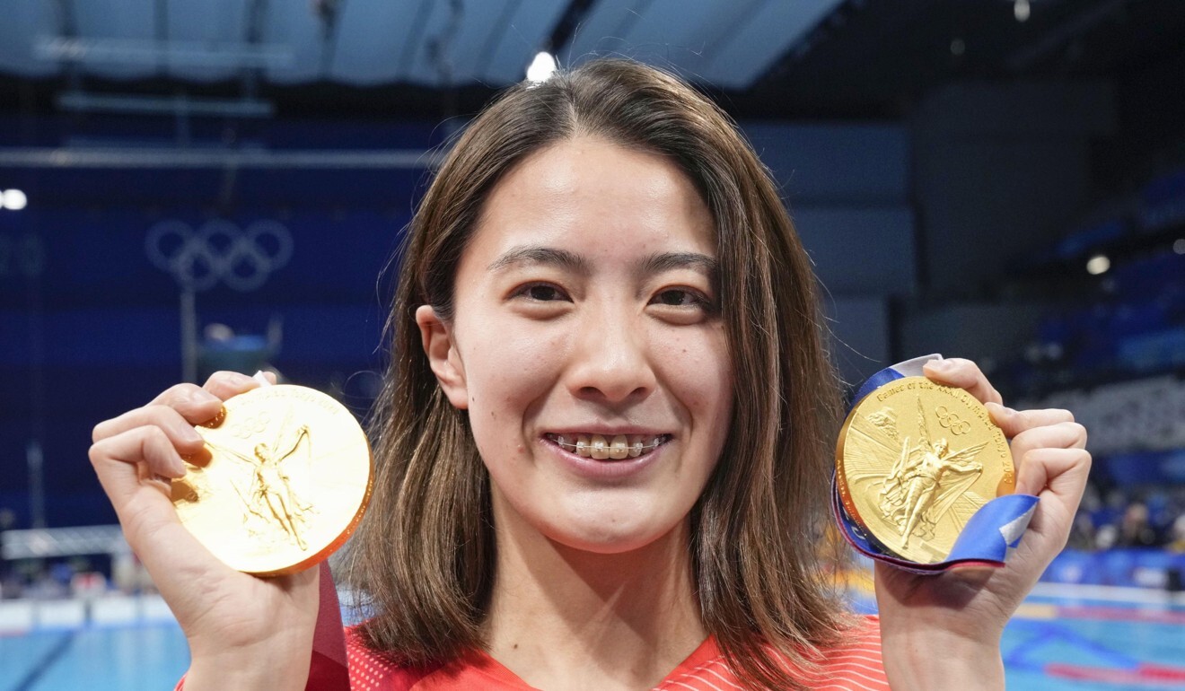 Japanese swimmer Yui Ohashi after winning gold medals in the women’s 200m and 400m individual medley. Photo: Kyodo