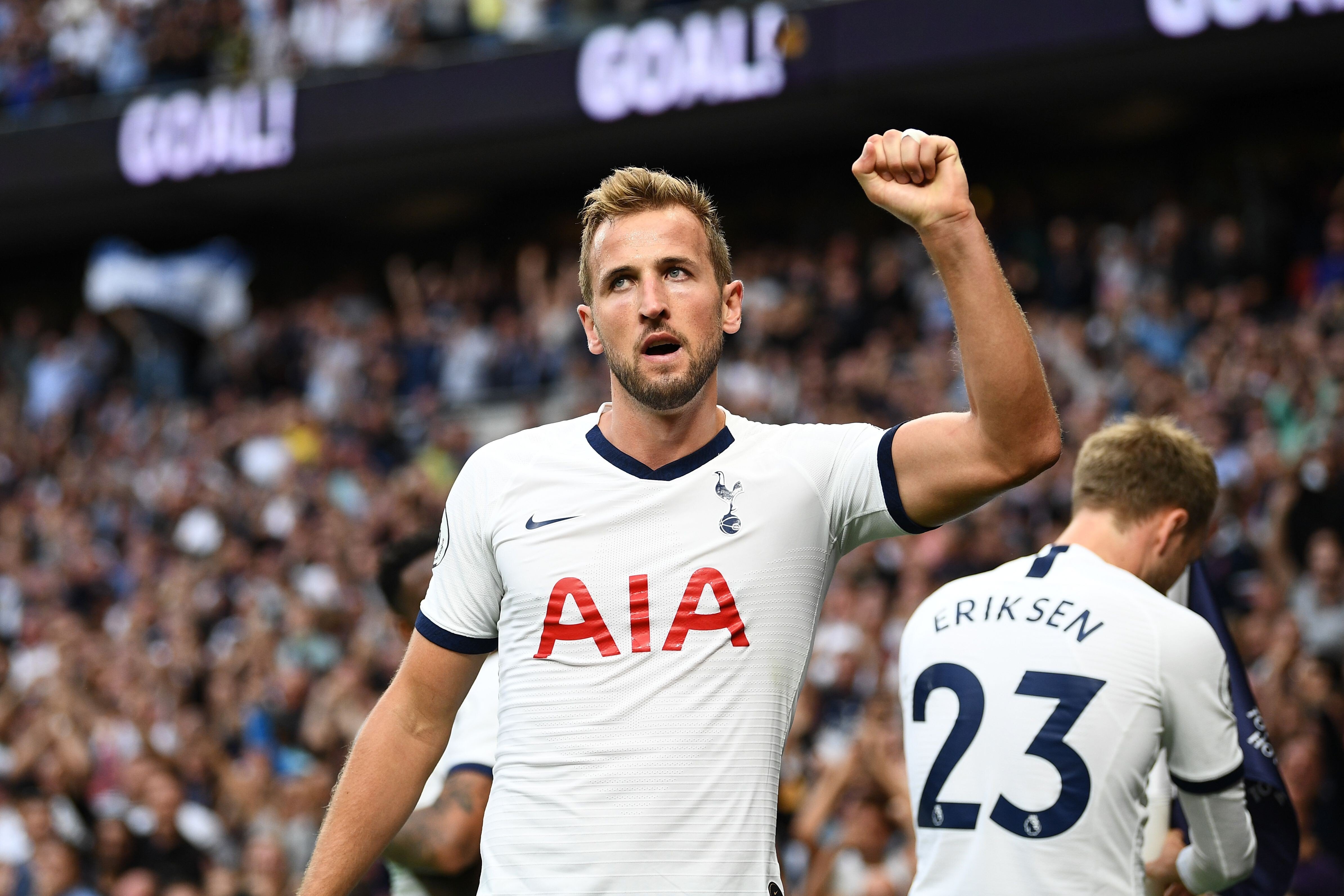 Tottenham Hotspur’s English striker Harry Kane celebrates after he scores in the English Premier League against Aston Villa. Photo: AFP