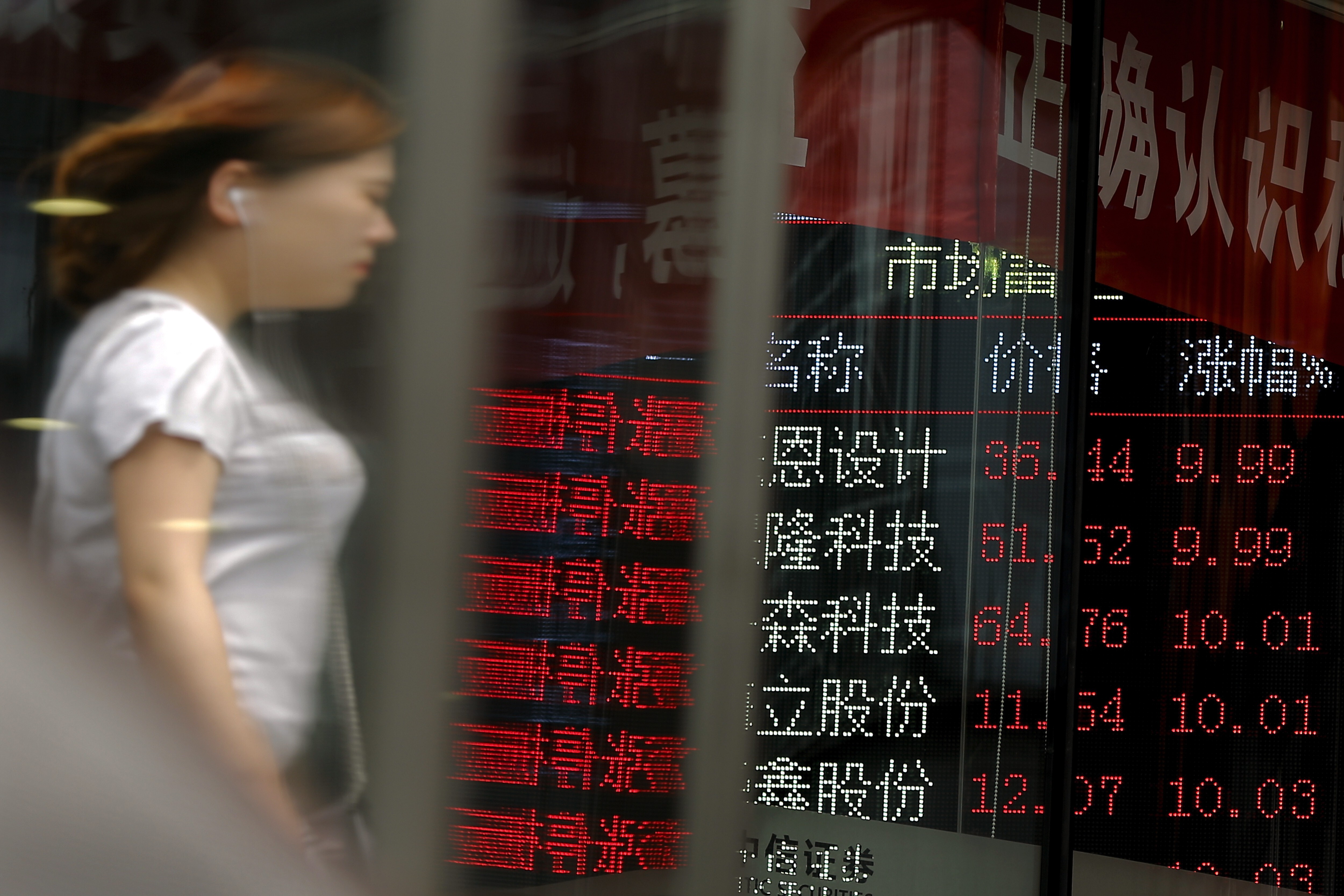 A woman is reflected on a glass panel as she walks by a brokerage house displaying stock trading index in Beijing. Photo: AP