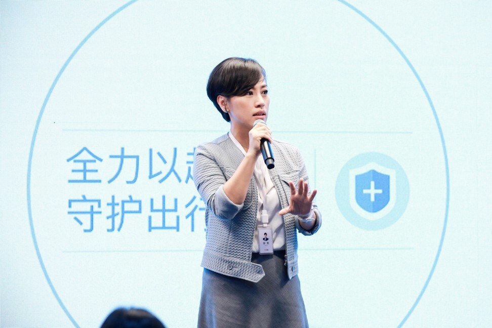 Didi-Chuxing’s co-founder and global president Jean Liu Qing, speaking at a briefing on user safety in Beijing on July 2, 2019. Photo: Handout