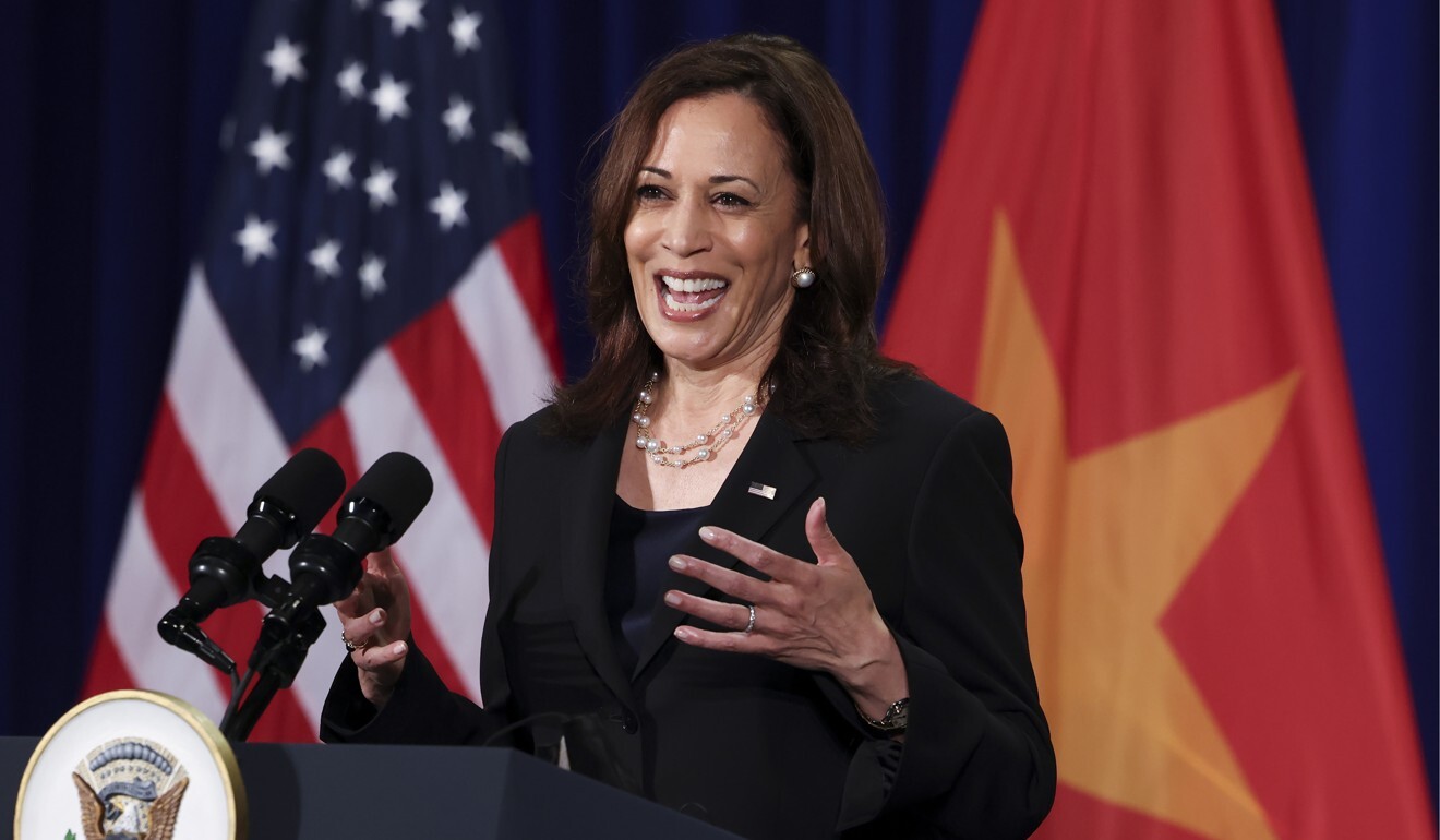 US Vice-President Kamala Harris speaking during her visit to Vietnam on August 26. Photo: AP
