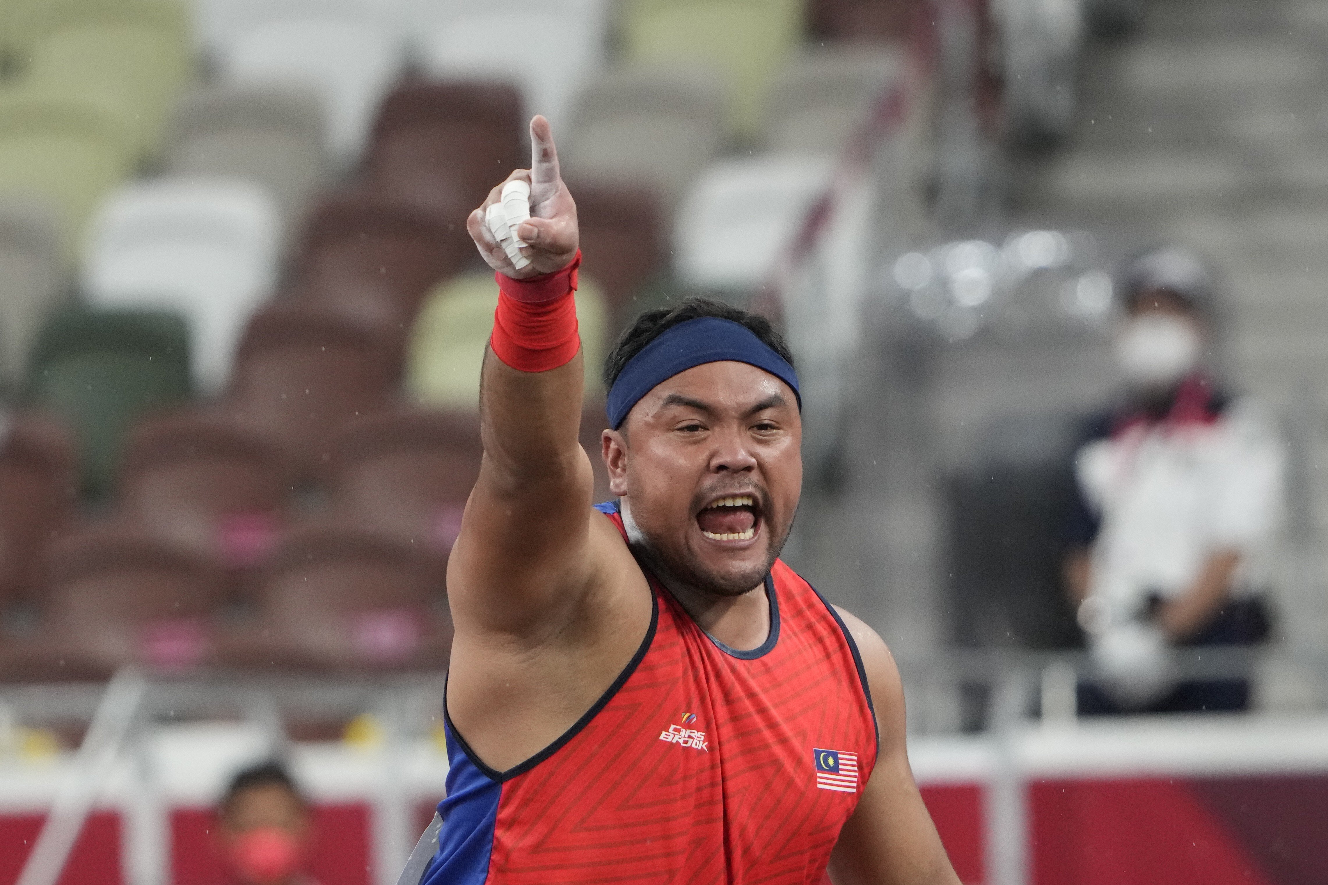 Muhammad Ziyad Zolkefli of Malaysia reacts on Tuesday after competing in the men's shot put F20 final during the Tokyo 2020 Paralympics Games at the National Stadium in Tokyo. Photo: AP