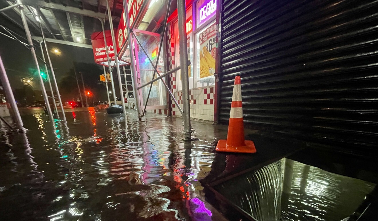 Water floods the basement of a Kennedy Fried Chicken fast food restaurant in the Bronx borough of New York City. Photo: AFP