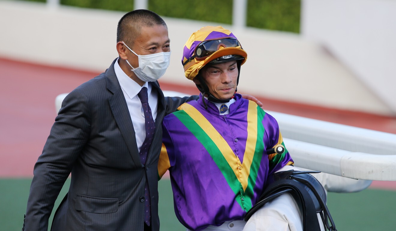 Trainer Danny Shum and jockey Alexis Badel celebrate Perfect Match’s win in last season’s Chief Executive’s Cup.