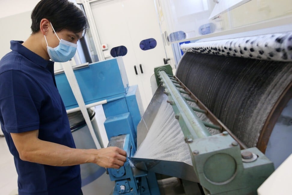 A worker operating part of the Billie upcycling system at Novetex Textile’s factory in Tai Po on September 3, 2018. Photo: David Wong