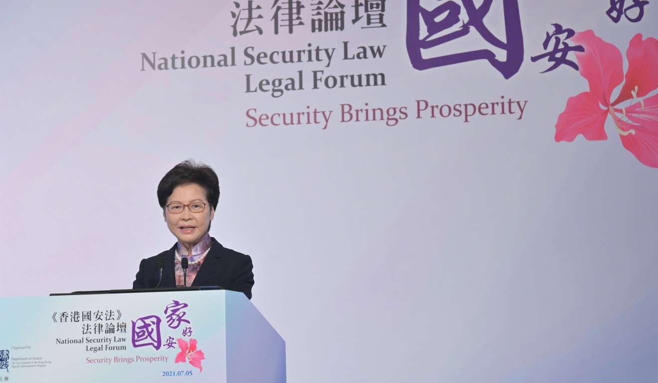 Hong Kong chief executive Carrie Lam speaks at a forum on the national security law on July 5. Photo: SCMP