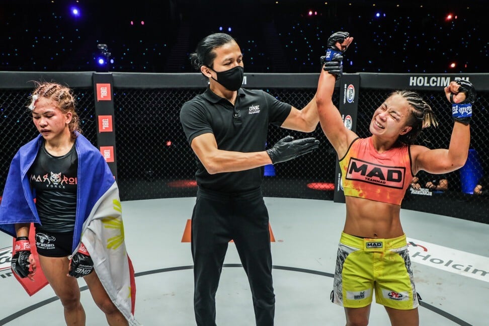 Ham Seo-hee celebrates after defeating Denice Zamboanga in the atomweight grand prix. Photo: ONE Championship