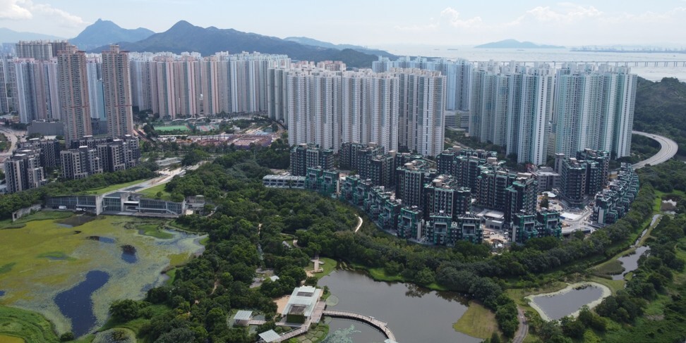 A general view of Sun Hung Kai Properties’ Wetland Seasons Park (left) and Wetland Seasons Bay (right) residential property projects near Hong Kong’s Wetlands Park in Tin Shui Wai, on 20 August 2021. Photo: Martin Chan