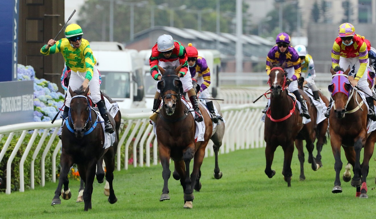 Sky Darci (left) wins the Hong Kong Derby from Russian Emperor (middle) in March.