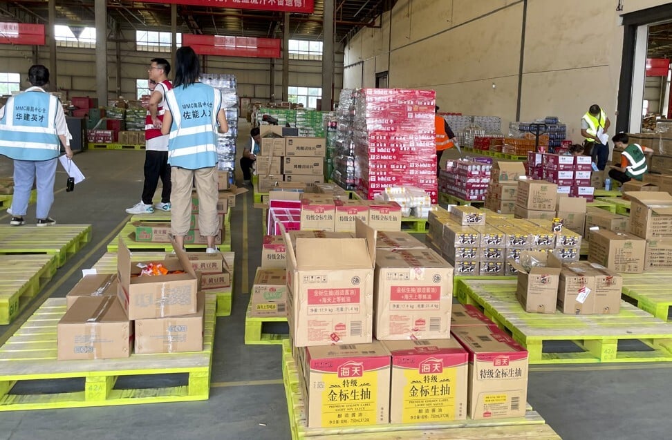 Boxes of merchandise are seen arranged on pallets inside a warehouse of Alibaba Group Holding’s MMC business unit in Nanchang, capital of eastern China’s Jiangxi province, on June 11, 2021. Photo: Tracy Qu