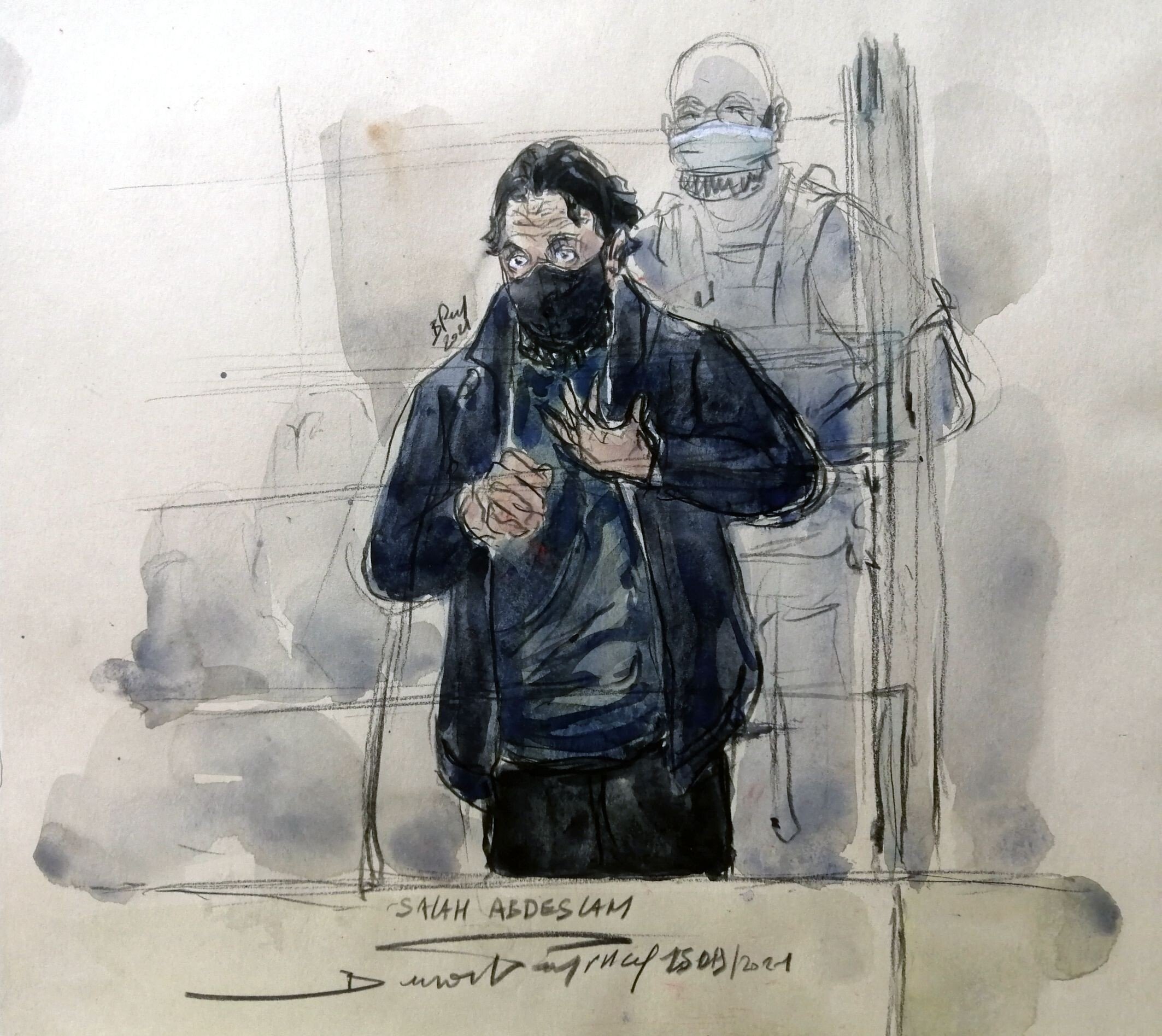 Salah Abdeslam, the prime suspect in the 2015 Paris attacks, is seen in a temporary courtroom set up at the Palais de Justice of Paris on Wednesday. Courtroom sketch: Benoit Peyrucq via AFP