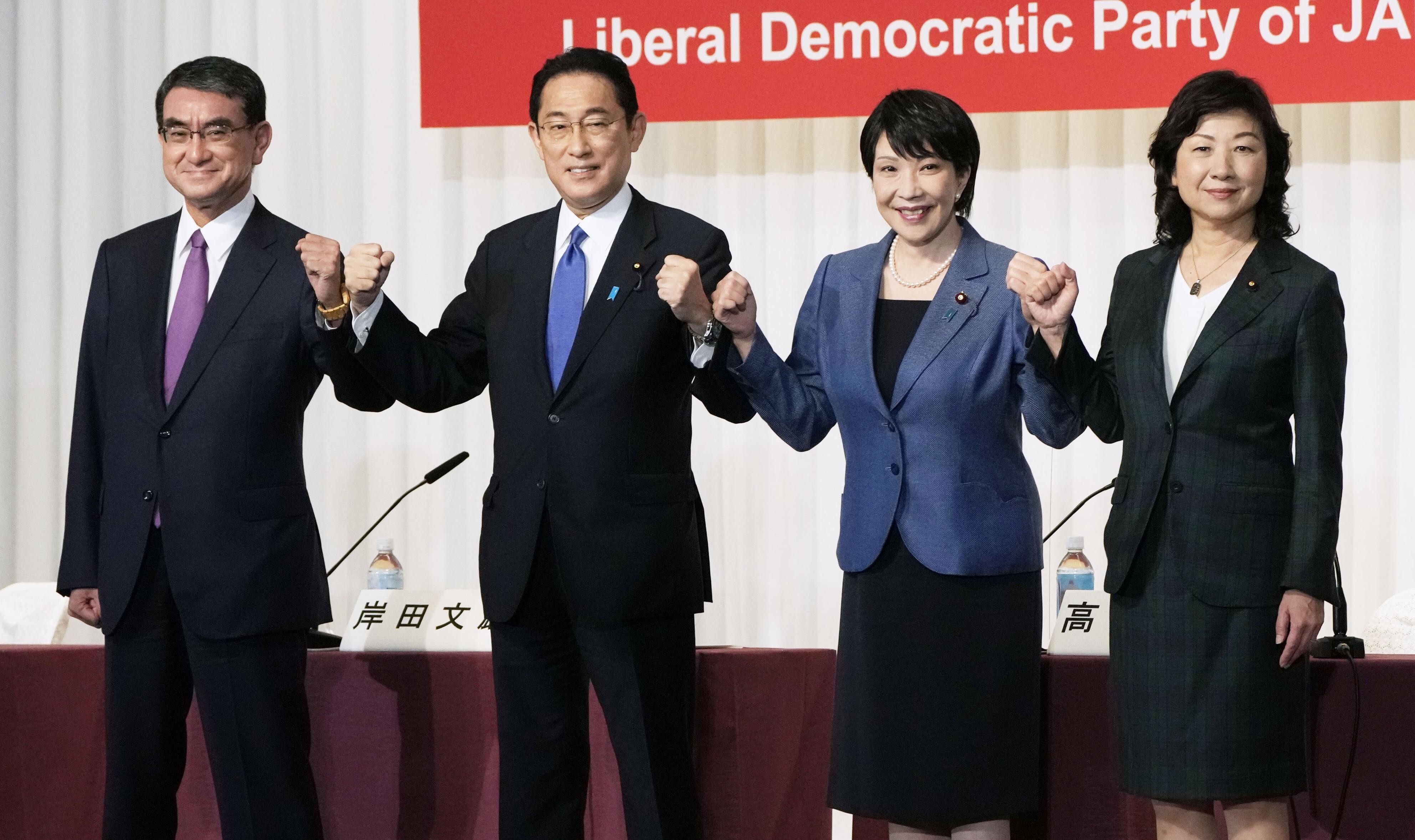 The four candidates running in the presidential election of Japan’s ruling party, (from left) Taro Kono, Fumio Kishida, Sanae Takaichi and Seiko Noda, at a press conference in Tokyo on Friday. Photo: Kyodo