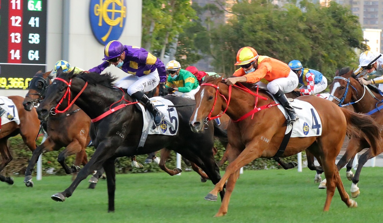 Tempest Express (left) salutes at Sha Tin in February.
