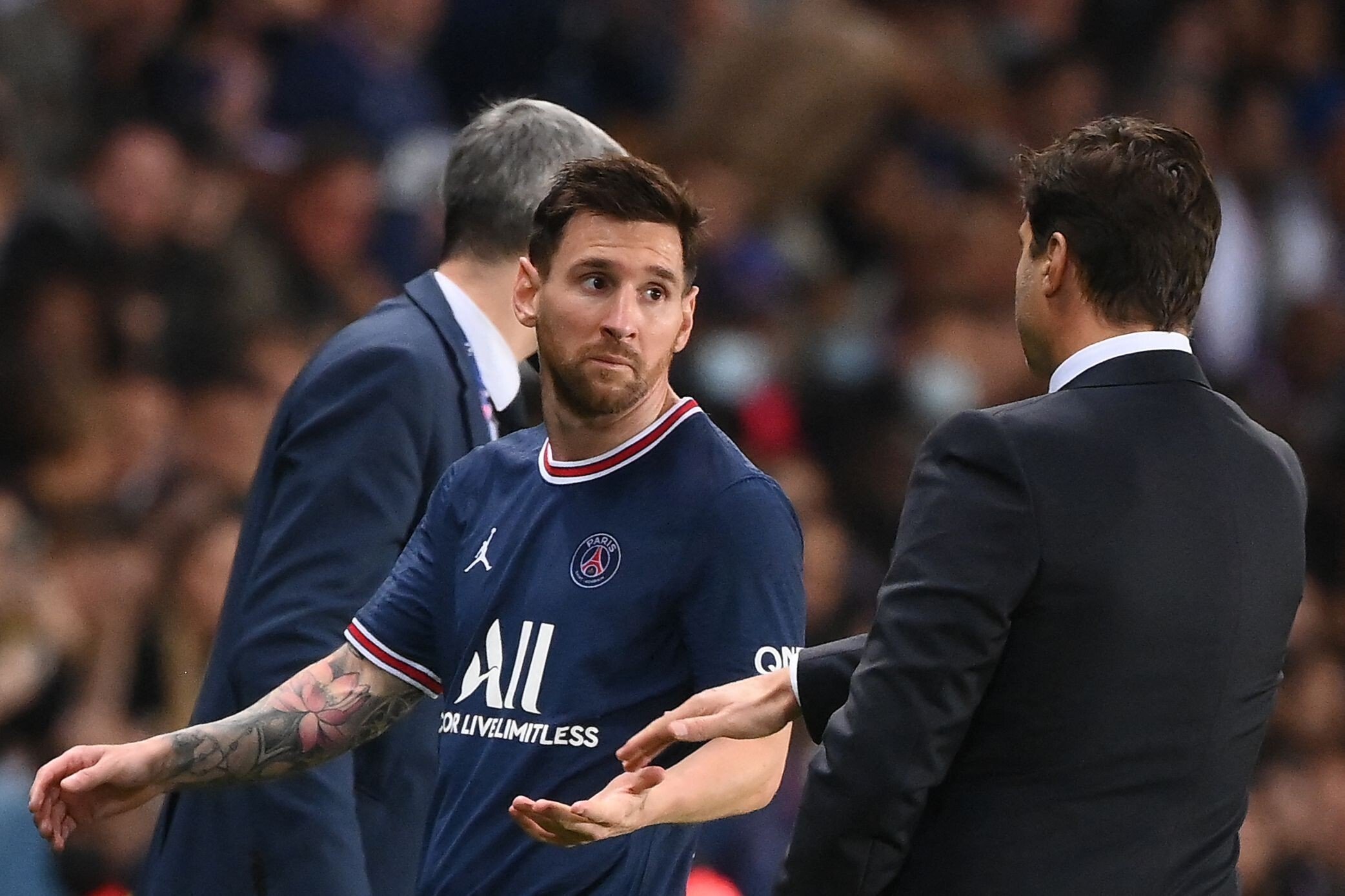 Paris Saint-Germain forward Lionel Messi looked puzzled after he was substituted. Photo: APF