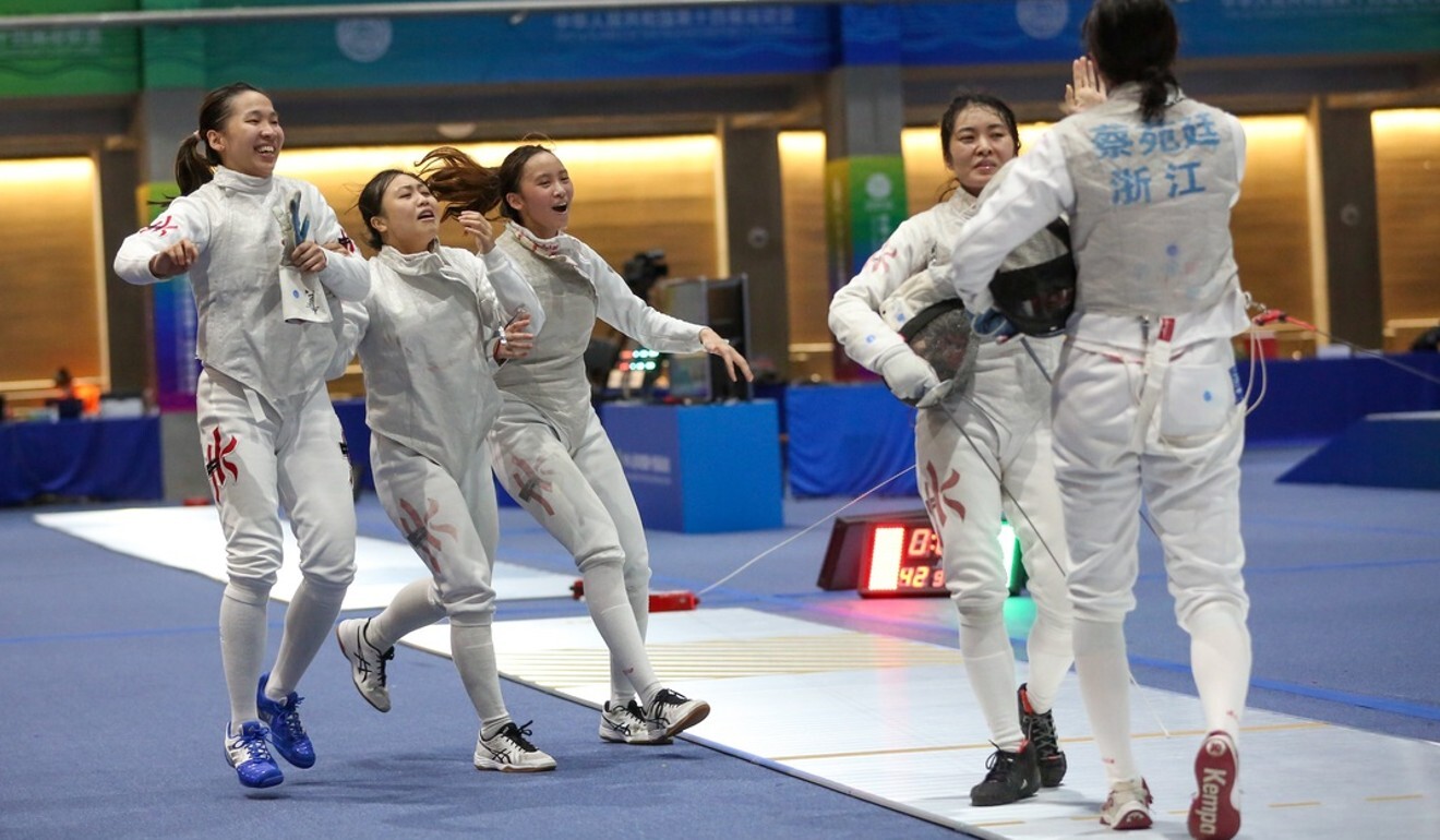 Hong Kong girls celebrate after defeating Zhejiang in the quarter-finals. Photo: Chinese Fencing Association