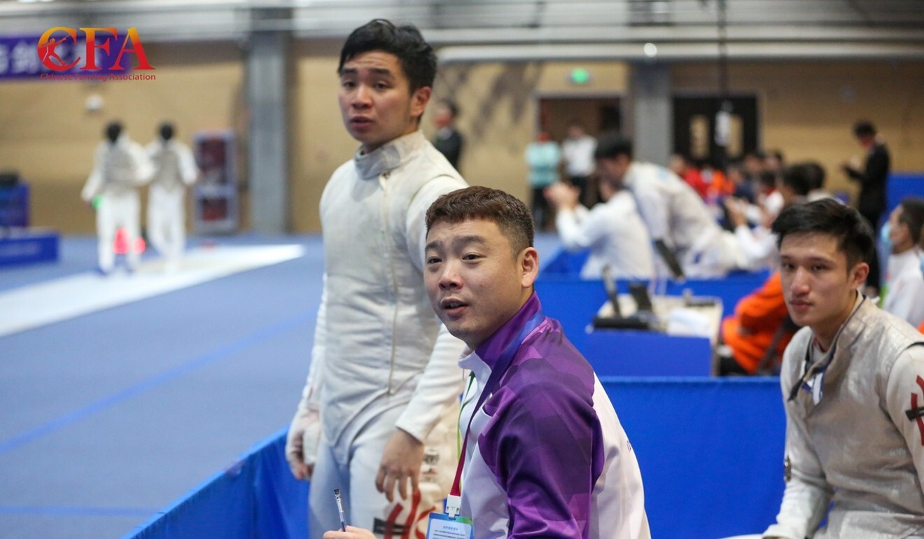 Coach Zhang Han and his two fencers, Yeung Chi-ka (left) and Ryan Choi. Photo: Chinese Fencing Association