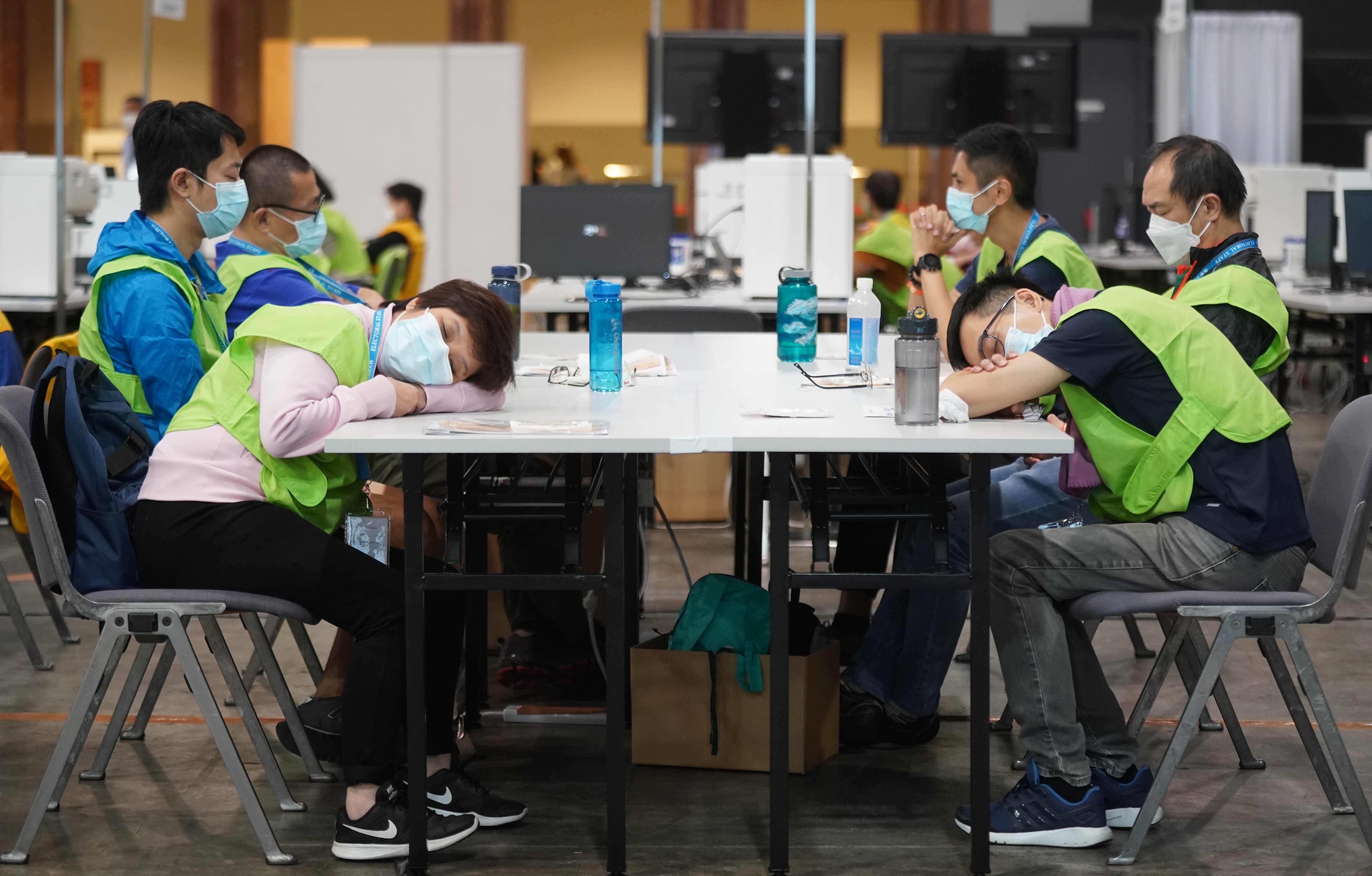 It was a long night for staff at the vote counting station. Photo: Sam Tsang