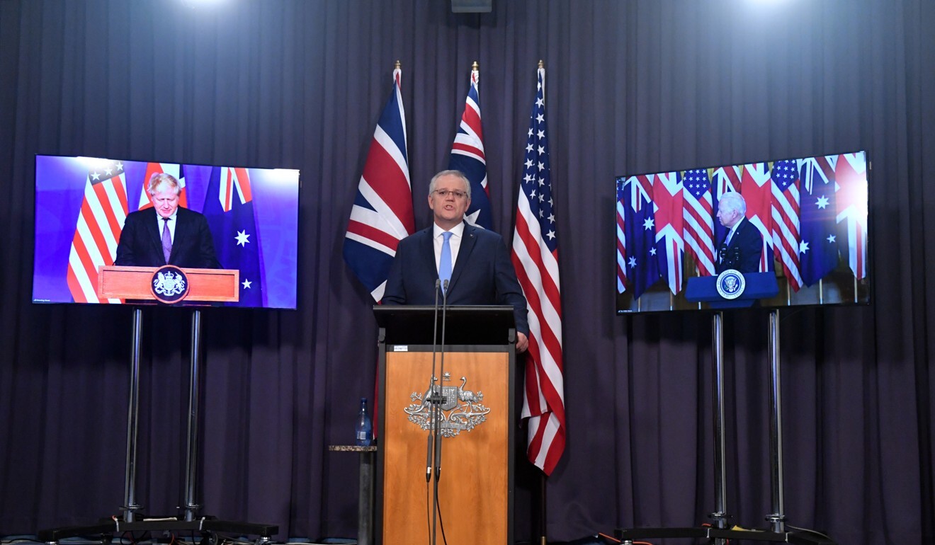 Britain's Prime Minister Boris Johnson, Australia's Prime Minister Scott Morrison and US President Joe Biden announce the creation of the Aukus security partnership. Photo: EPA-EFE