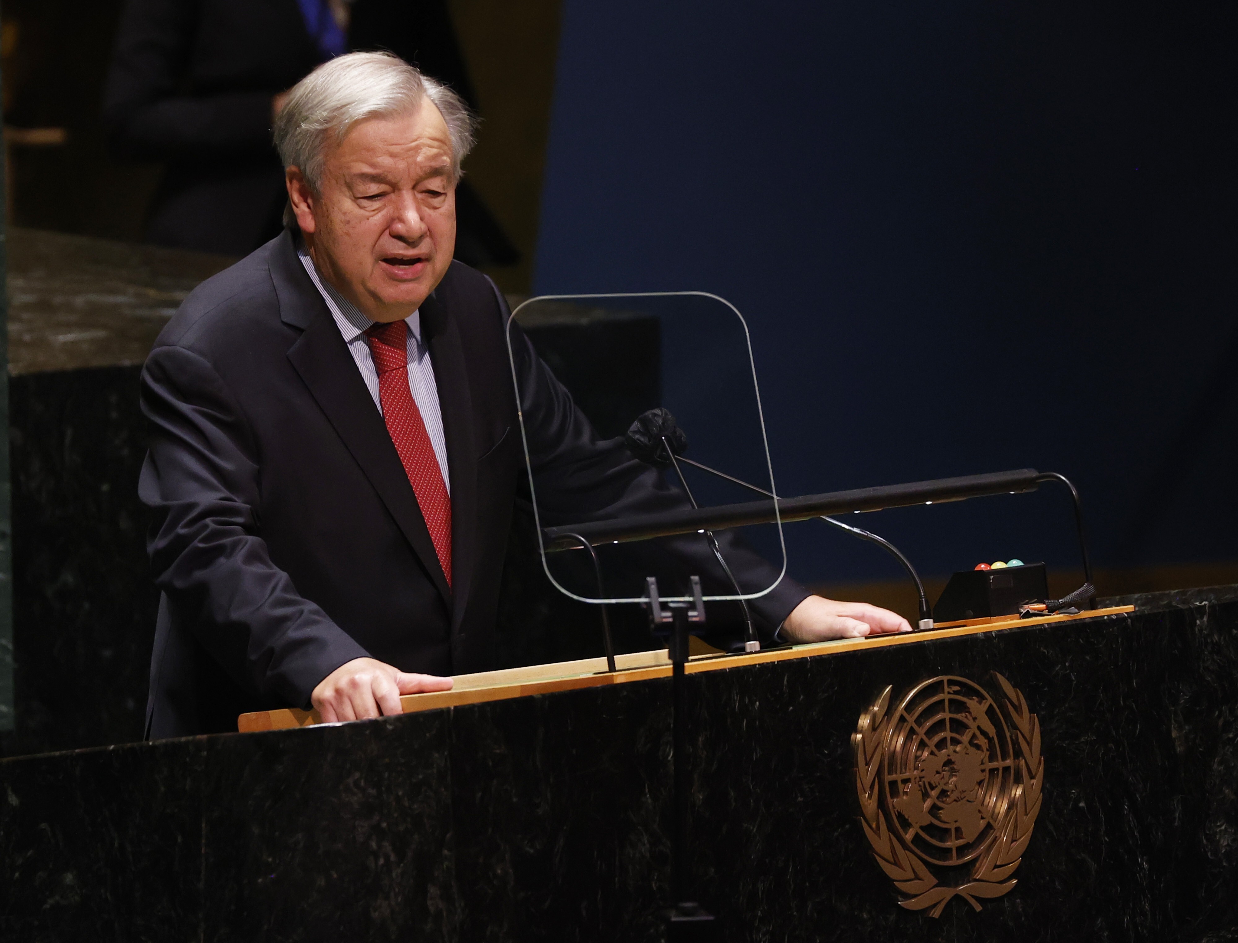 United Nations Secretary-General Antonio Guterres speaks at a meeting on the UN World Conference Against Racism at the UN General Assembly in New York on Wednesday. Photo: AP