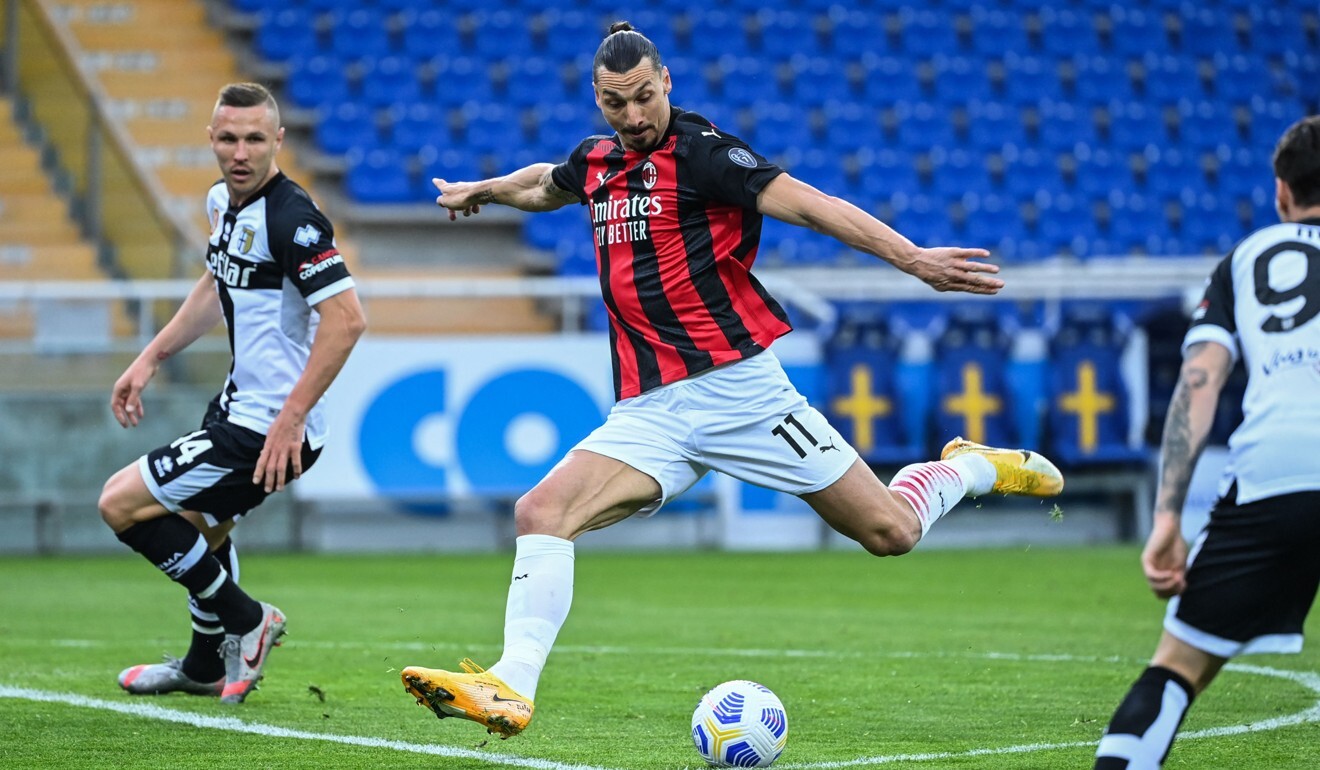 Zlatan Ibrahimovic is still active in Serie A as he shoots on target during AC Milan’s match against Parma in April. Photo: AFP