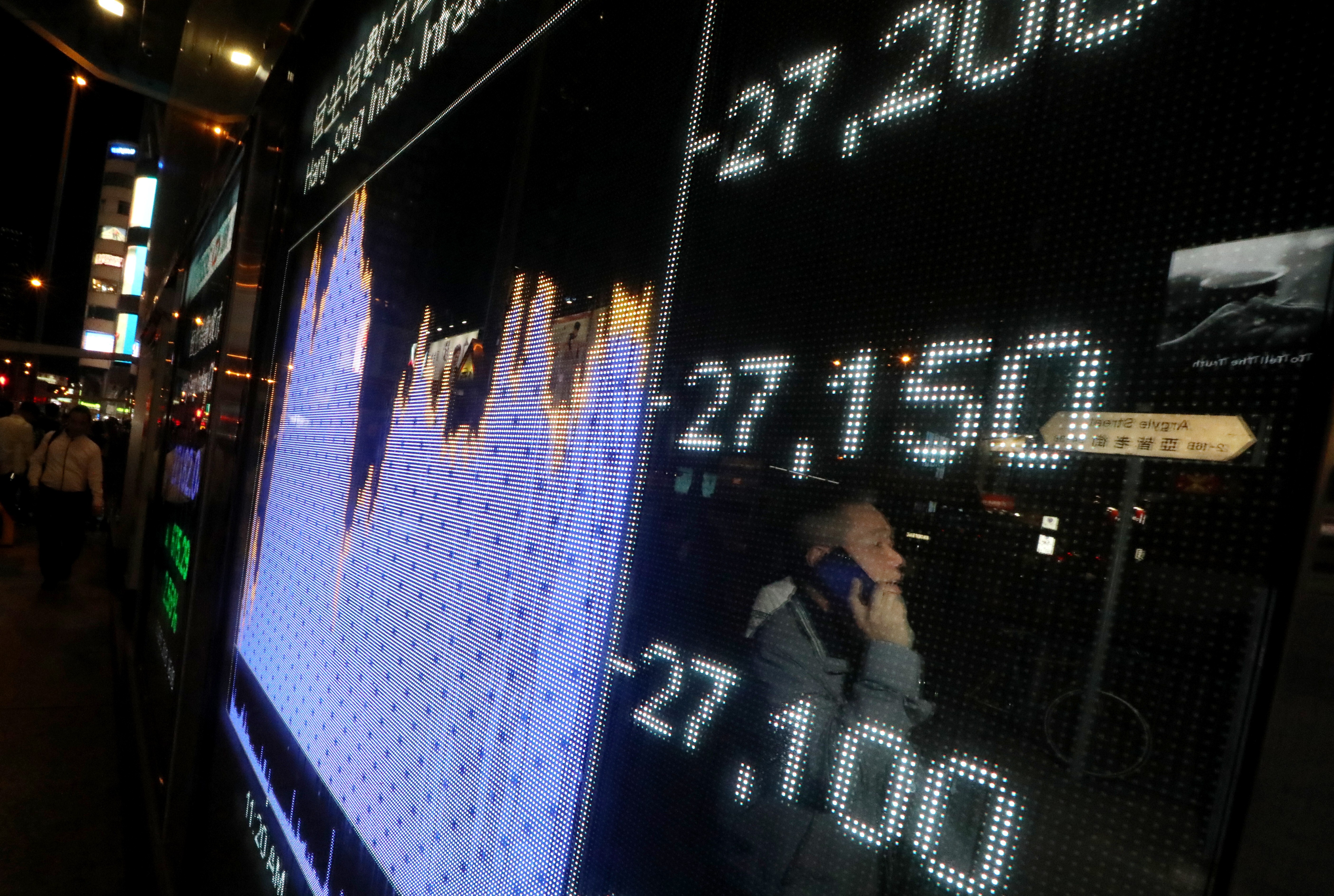 A screen showing the Hang Seng index levels outside a bank branch in Mong Kok, Hong Kong. Photo: Felix Wong