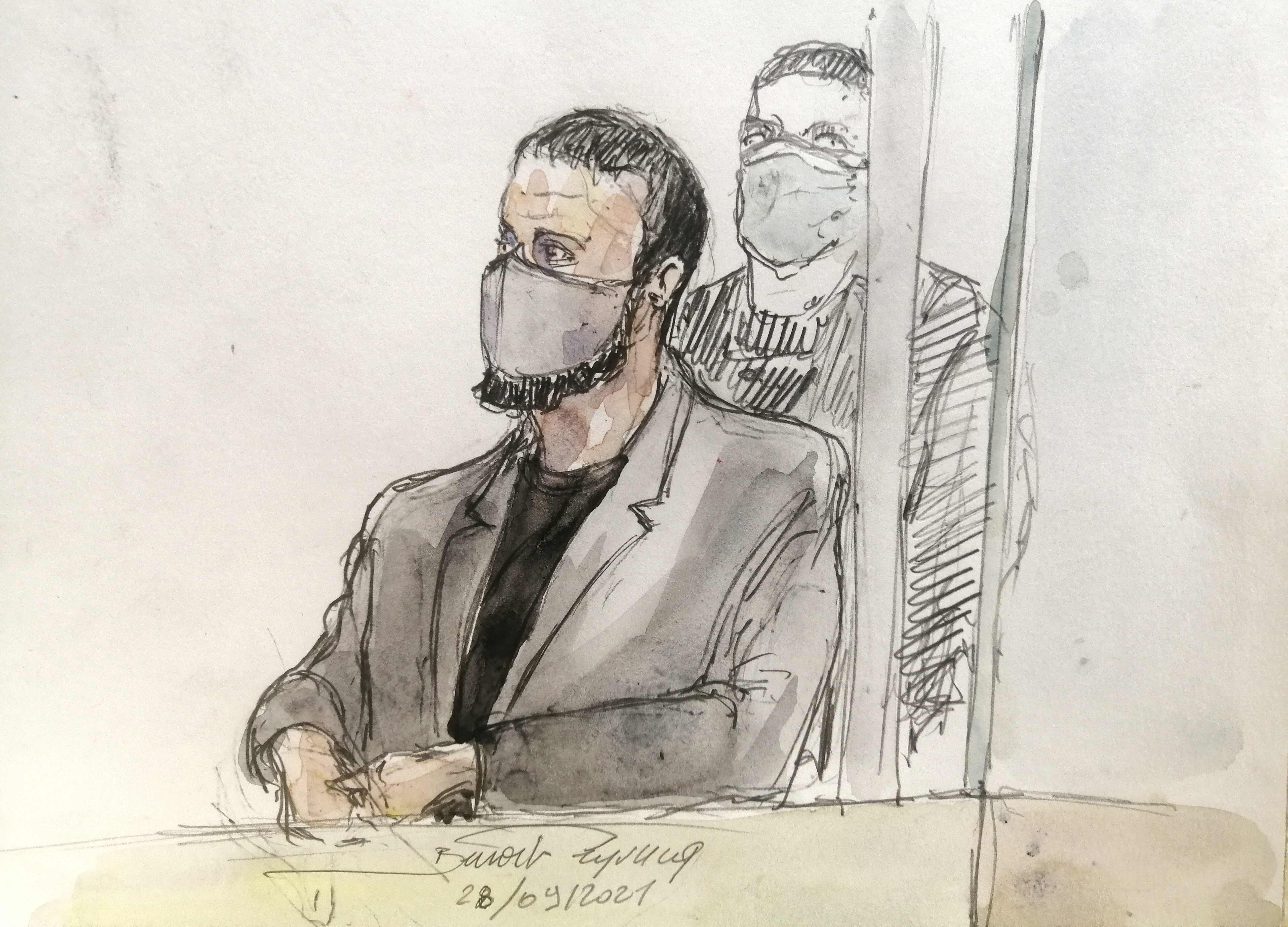A court sketch shows Salah Abdeslam, the prime suspect in the 2015 Paris attacks, flanked by a policeman during the trial at the Palais de Justice of Paris on Tuesday. Photo: AFP
