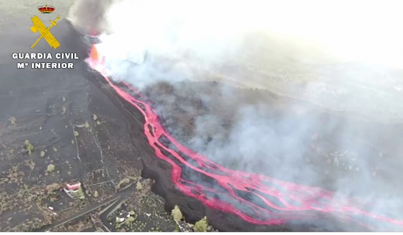 A screengrab from drone footage shows the extent of the damage caused by the lava streams. Photo: Reuters