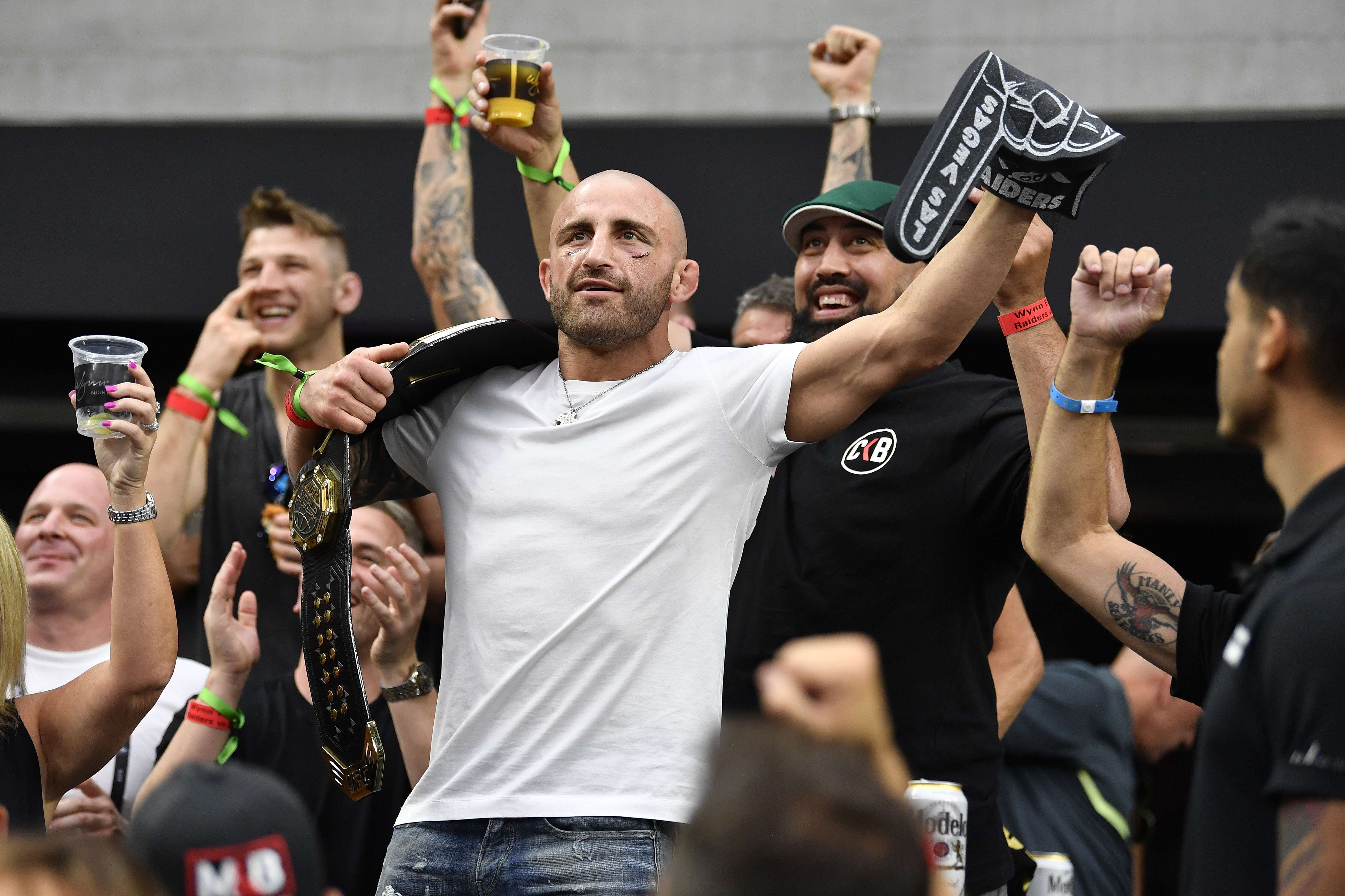 UFC featherweight champion Alexander Volkanovski cheers on the Las Vegas Raiders against the Miami Dolphins during the game at Allegiant Stadium. Photo: AFP