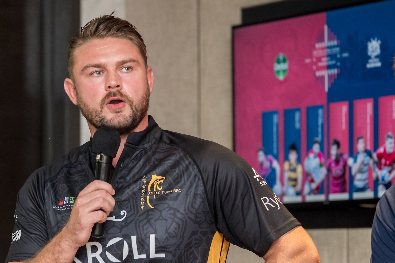 Former Dragons captain and Wales international Lewis Evans, Tigers director of rugby and head coach of the men's Premiership team, at the 2021-22 season launch in Hong Kong Football Club. Photo: Ike Images