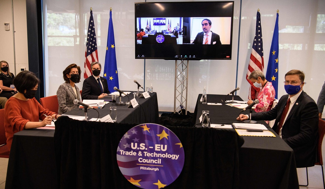 US Trade Representative Katherine Tai (left), Commerce Secretary Gina Raimondo and Secretary of State Antony Blinken speak with European Union commissioners Margrethe Vestager and Valdis Dombrovskis at the inaugural US-EU Trade and Technology Council in Pittsburgh. Photo: AFP