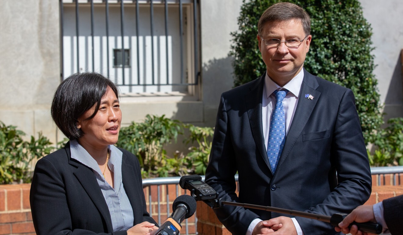 US Trade Representative Katherine Tai and Valdis Dombrovskis, trade commissioner for the European Union, speak to reporters in Washington on Tuesday. Photo: Bloomberg