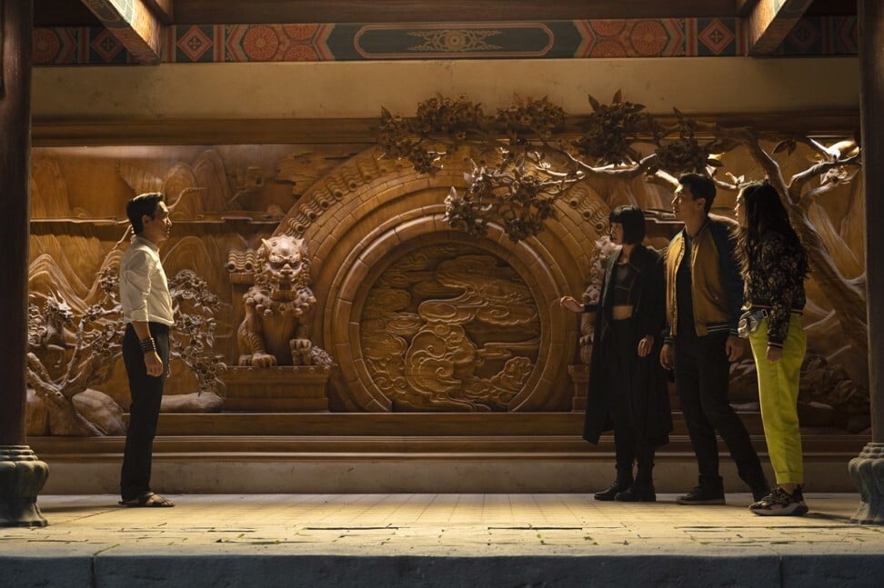 (L-R): Wenwu (Tony Leung), Xialing (Meng'er Zhang), Shang-Chi (Simu Liu) and Katy (Awkwafina) in Shang Chi and the Legend of the Ten Rings. Photo: Marvel Studios.