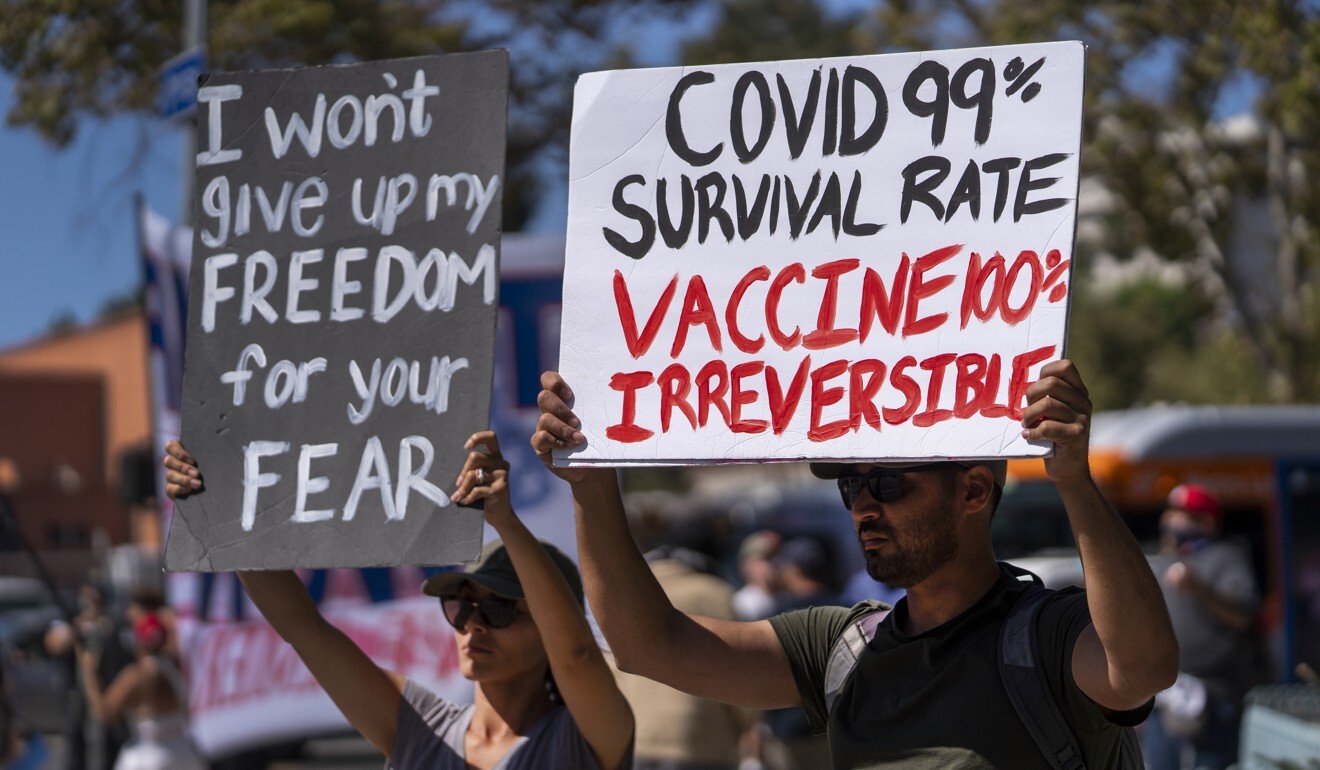 Protesters opposing Covid-19 vaccine mandates hold a rally in front of City Hall in Los Angeles. File photo: AP
