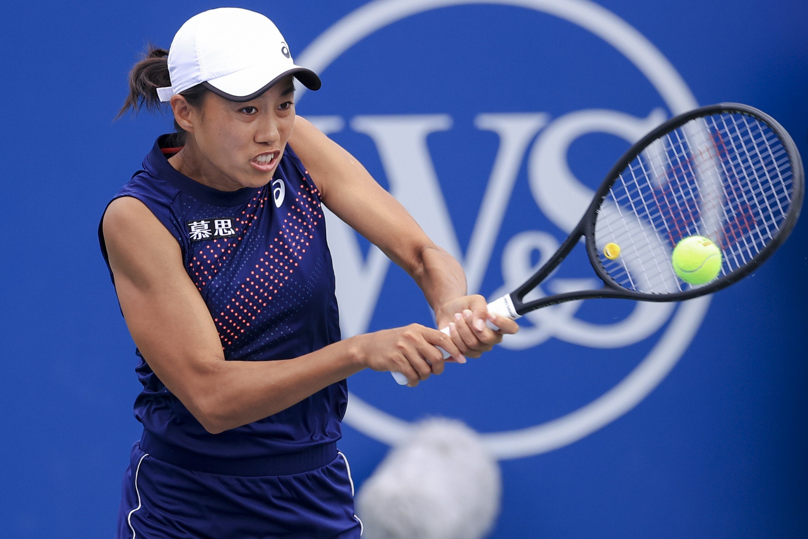 China’s Zhang Shuai plays a shot at the 2021 Western & Southern Open. Photo: Aaron Doster/USA Today Sports