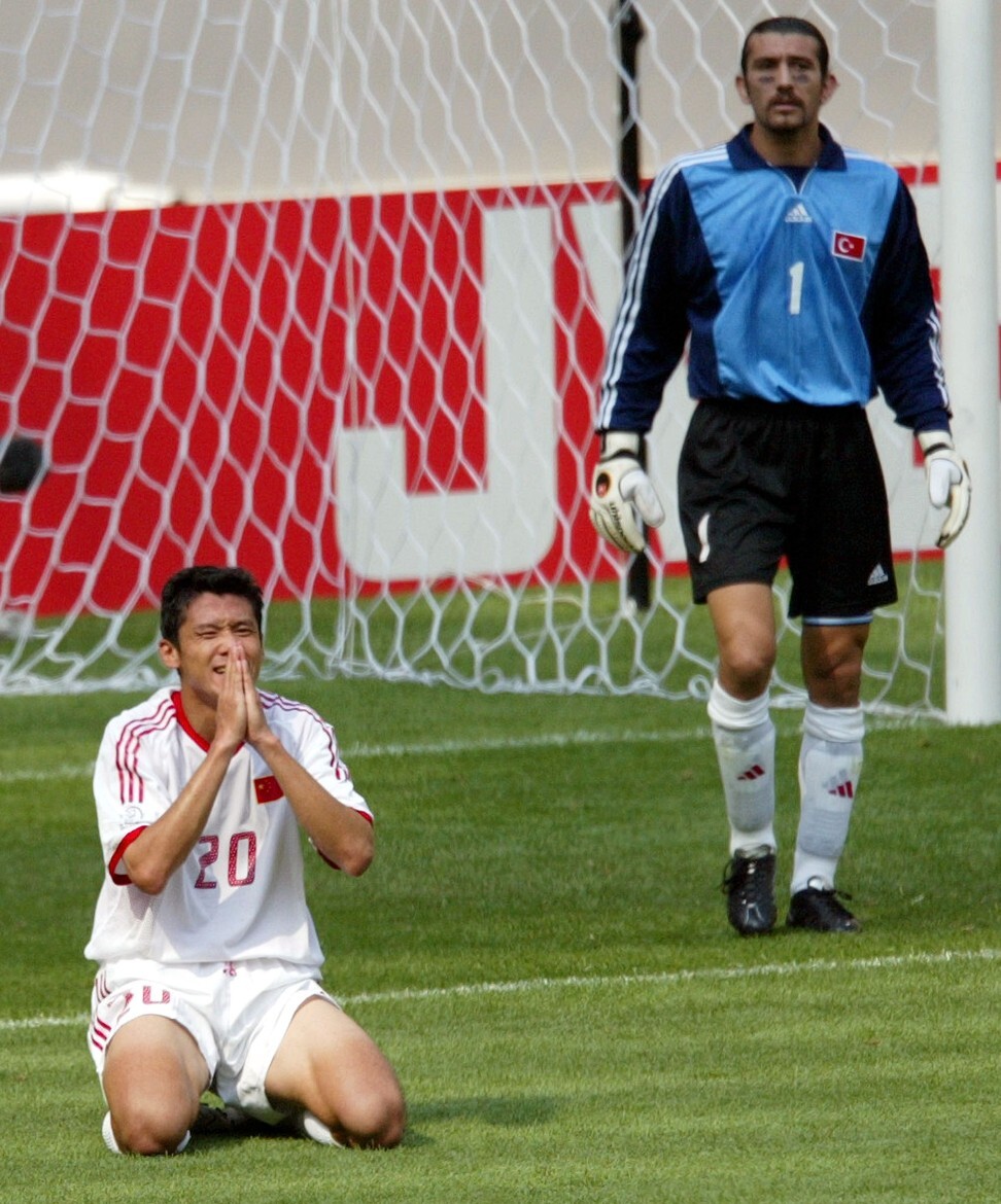 China’s Chen Yang (left) reacts after his shot on goal hit the post next to Turkey's goalkeeper Rustu Recber. Photo: Reuters