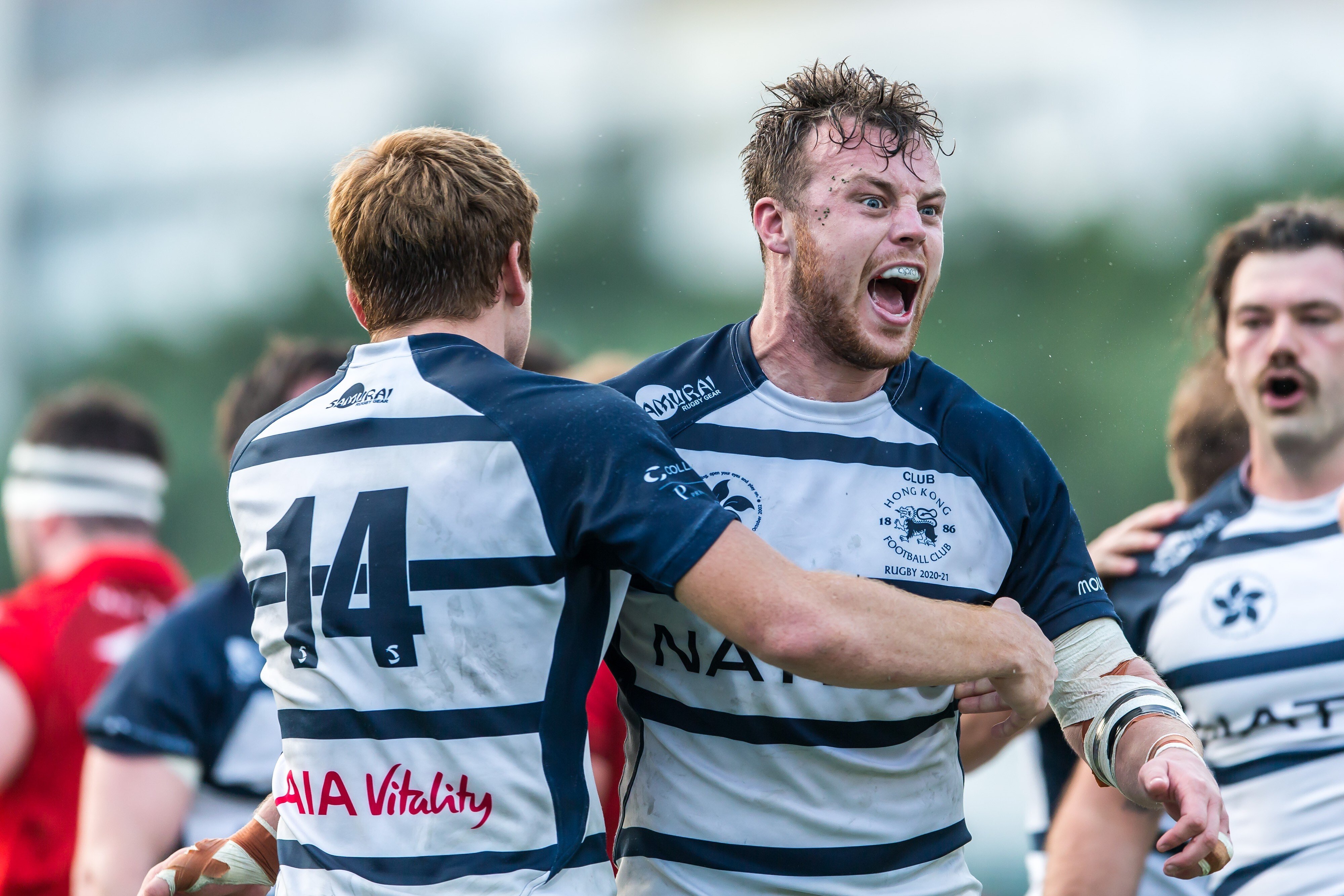 Hong Kong Football Club player Charlie Kingham celebrates after a try in their win against Valley in the 2020-21 season. Photo: Ike Images
