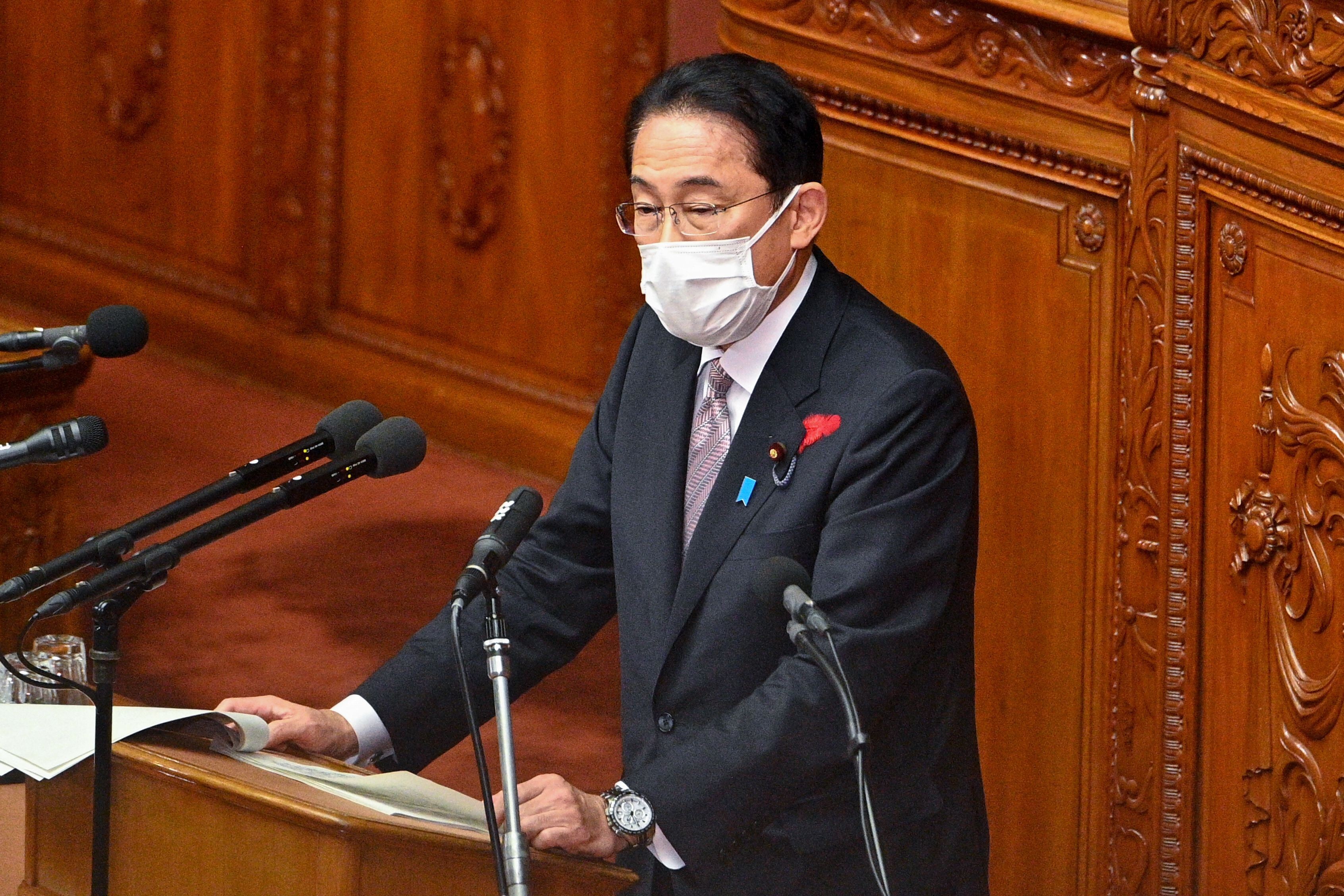 Japan’s new PM Fumio Kishida speaks at the lower house of parliament in Tokyo on October 11, 2021. Photo: AFP