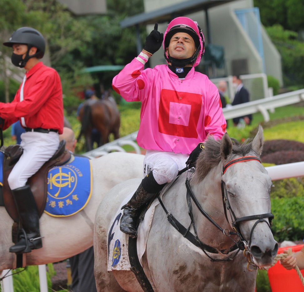 Ruan Maia soaks up his victory aboard Chancheng Prince on Sunday.