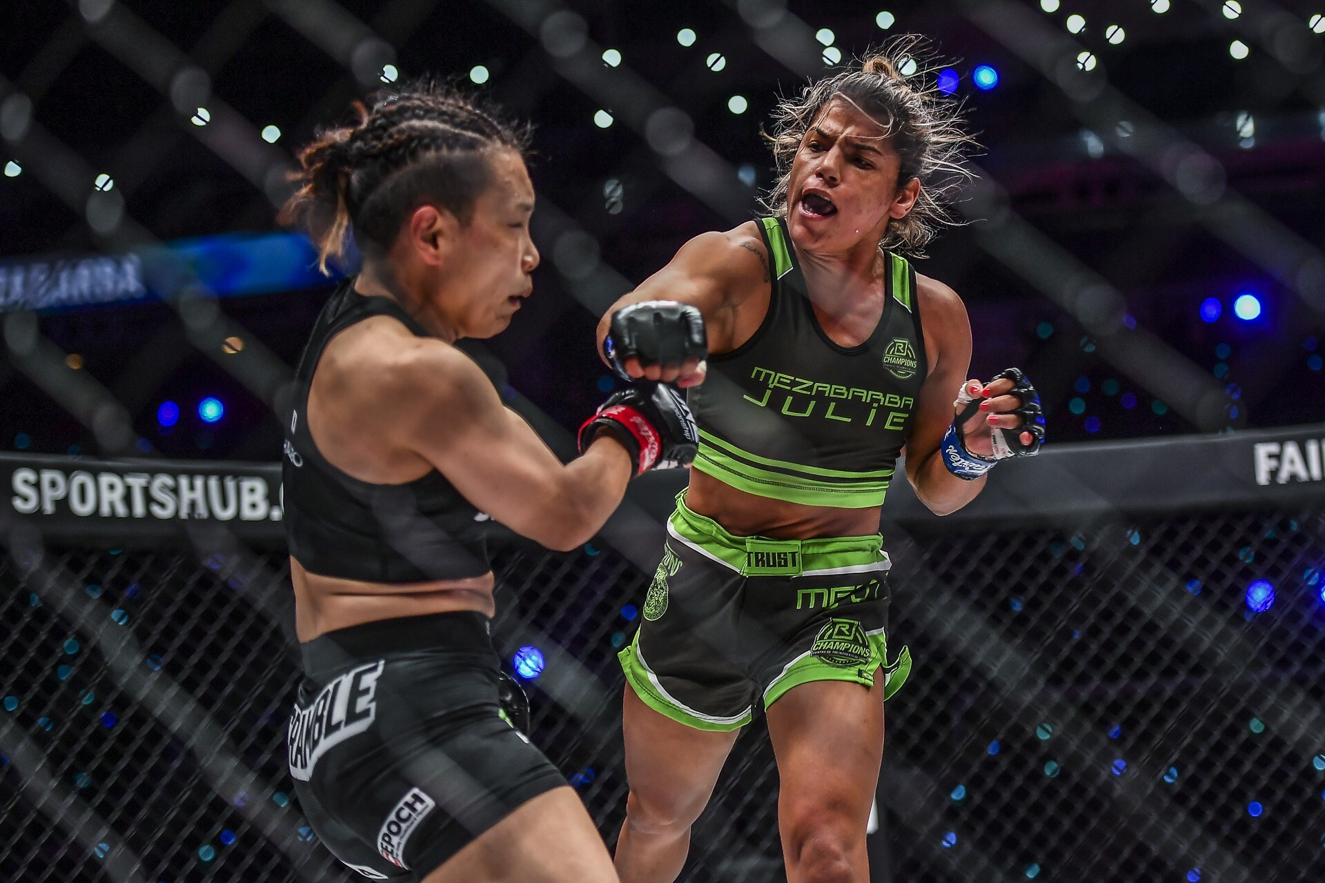 Julie Mezabarba lands a punch on Mei Yamaguchi during their ONE atomweight grand prix alternate bout. Photos: ONE Championship