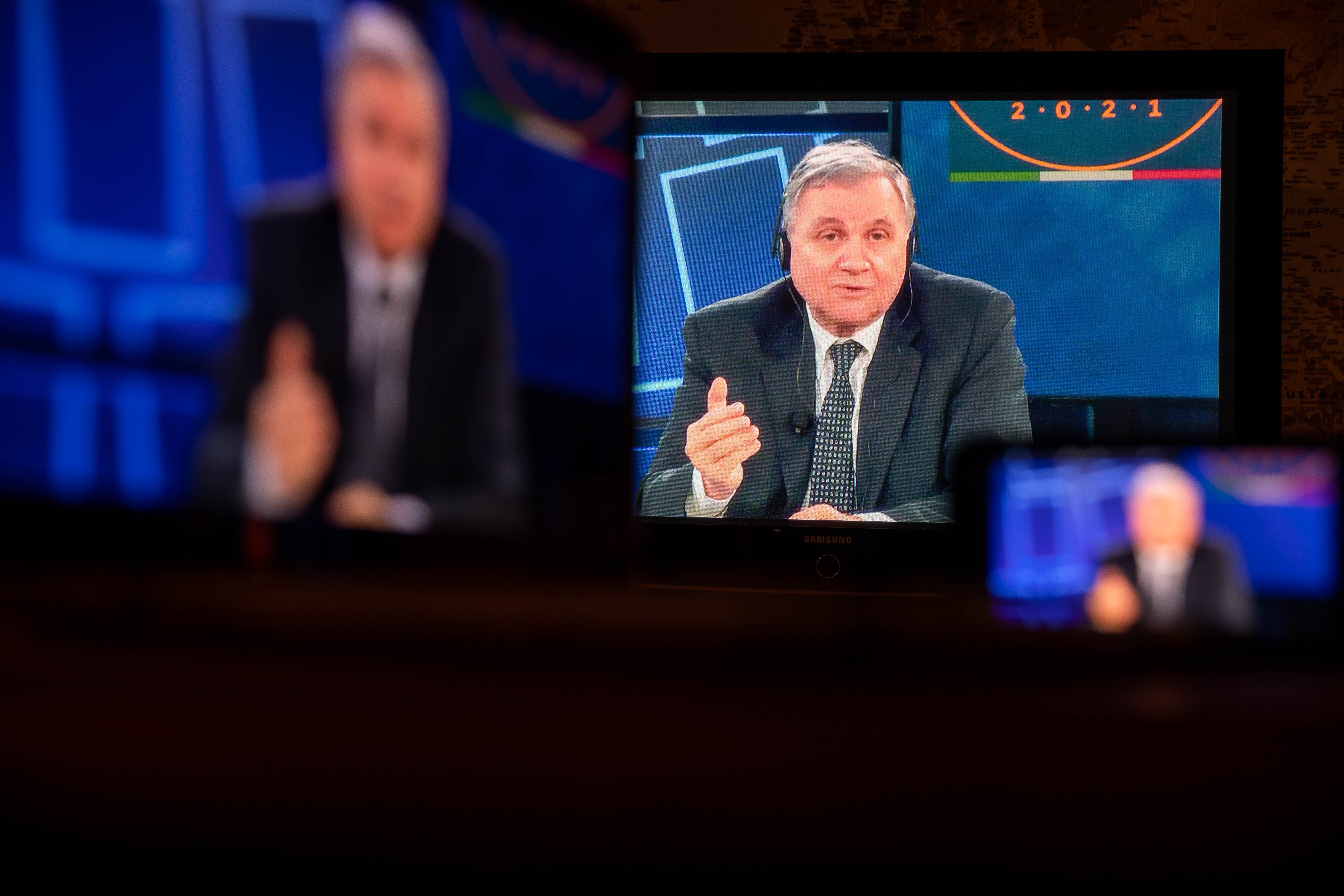 Ignazio Visco, governor of the Bank of Italy, speaks during a virtual Group of 20 news conference. Photo: Bloomberg
