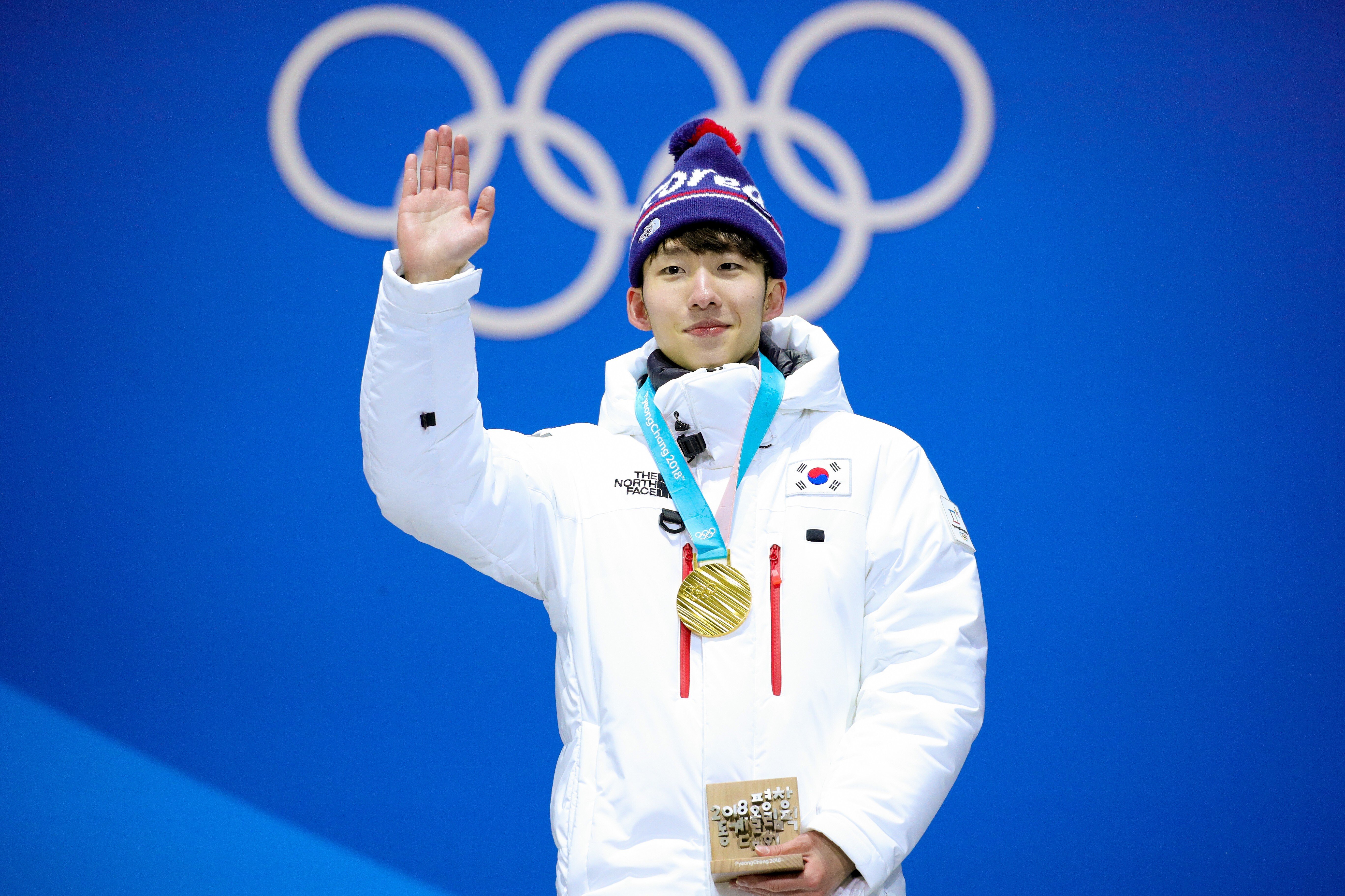 Gold medallist Lim Hyo-jun of South Korea celebrates on the podium during the medal ceremony for the men‘s short track 1,500m at the Pyeongchang 2018 Winter Olympic Games. Photo: Getty Images