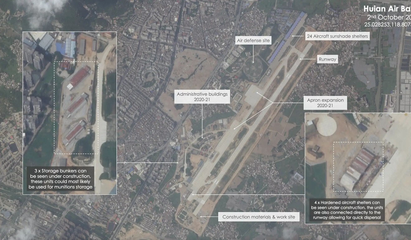 Bombproof aircraft shelters and hangars, as well as increased ammunition storage at Huian airbase in Fujian province. Source: Planet Labs Inc.