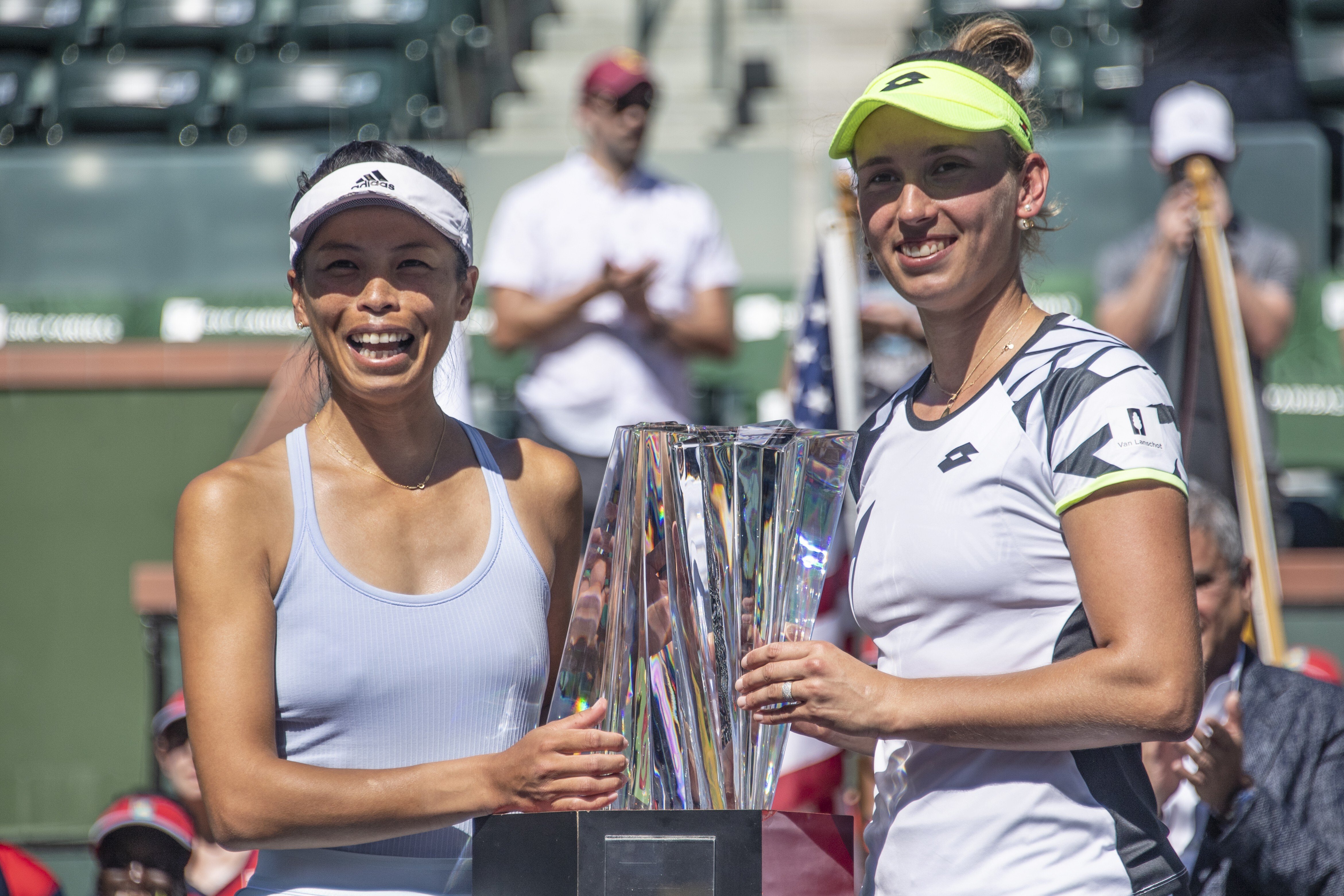 Hsieh Su-Wei and Elise Mertens claimed the doubles title at the Indian Wells Masters on Saturday. Photo: AP