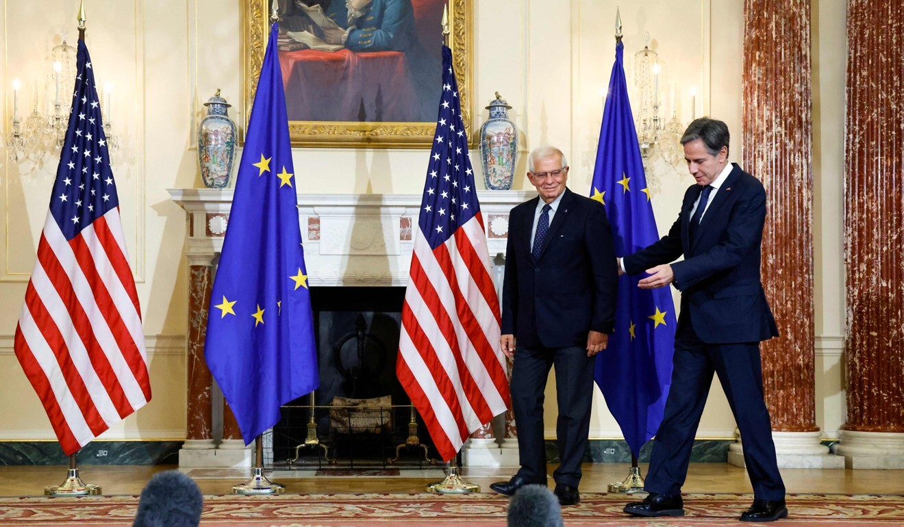 US Secretary of State Antony Blinken (right) and EU High Representative for Foreign Affairs Josep Borrell arrive to speak to reporters before meeting in Washington on October 15. Photo: AFP